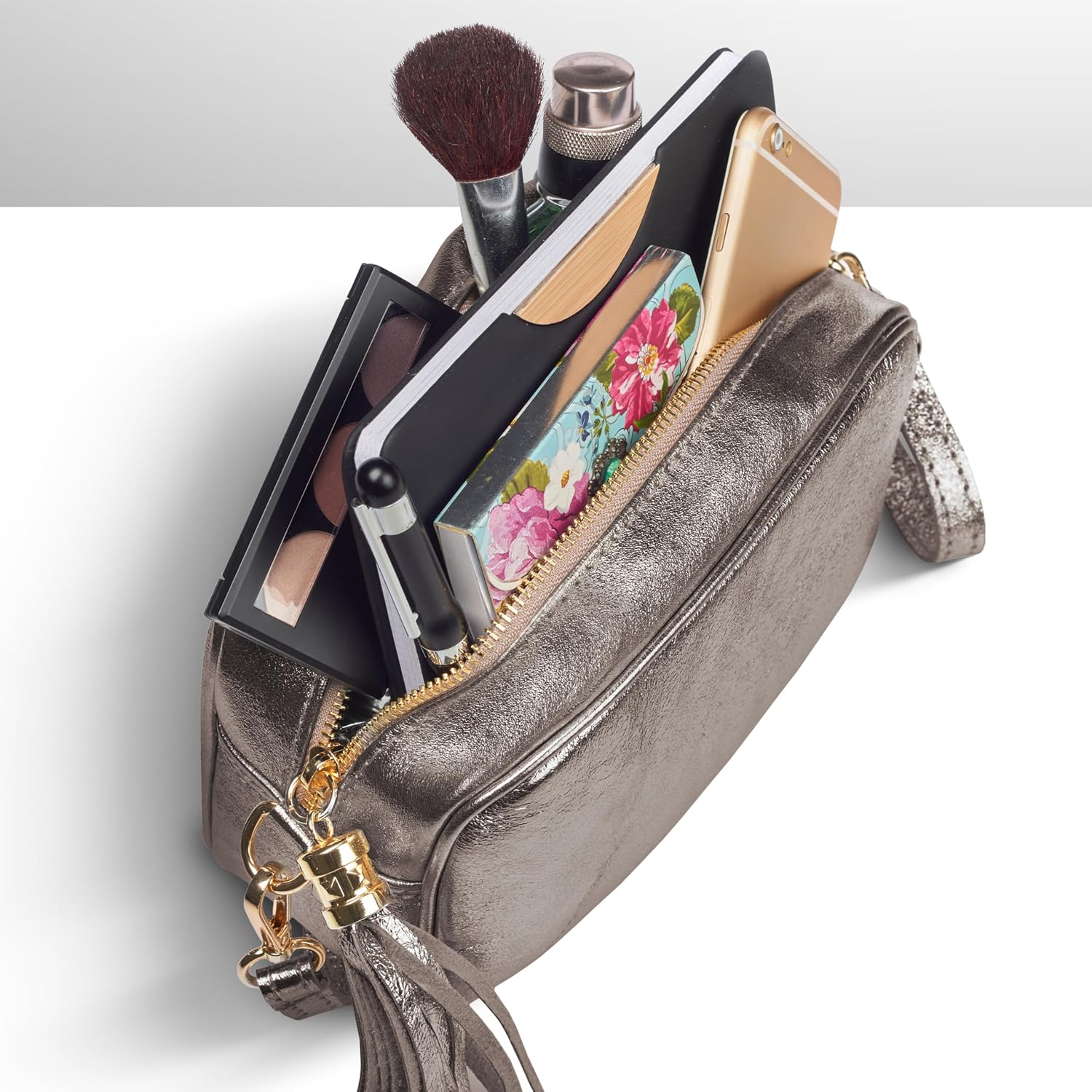 Italian Genuine Metallic Suede Crossbody Bag for Women with Zipper | Small Leather Camera Purse Shoulder Handbag Pocketbook
