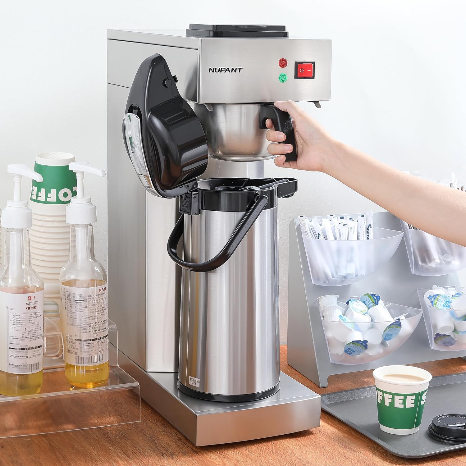 NUPANT Commercial Airpot Coffee Brewer 2.2L/74oz Dirp Coffee Maker with 24H Insulated Thermal Carafe Stainless Steel Pour Over Coffee Machine 120V/1450W COFFEE Dispenser for Café Restaurant Cafateria