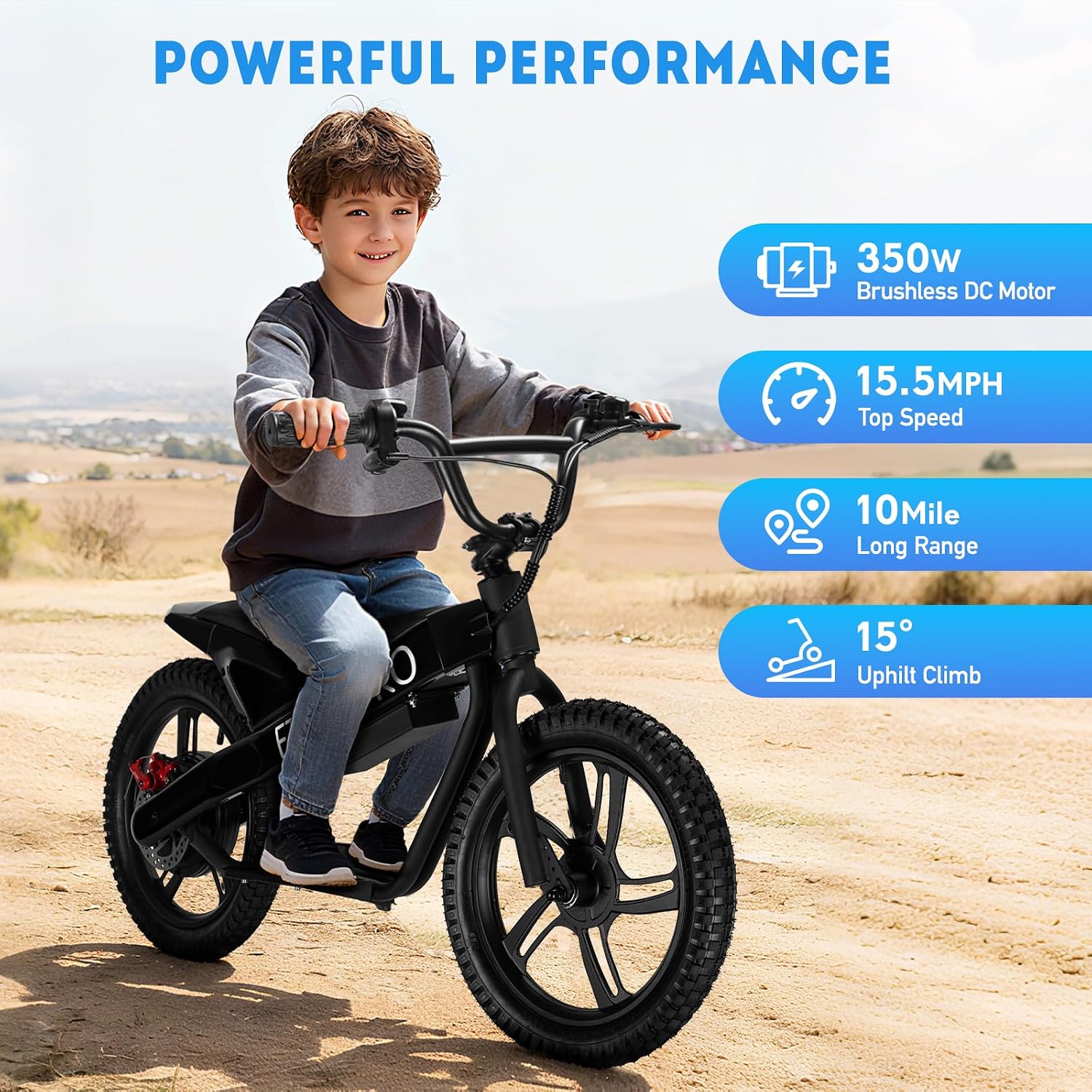 Kids Electric Bike, 350W Motor, 15.5 MPH, 36V 5.2Ah, 10 Miles, 16' Tires, Dual Braking System, Suitable for Riders Aged 6 and Above, Youth Off-Road Electric Bicycle