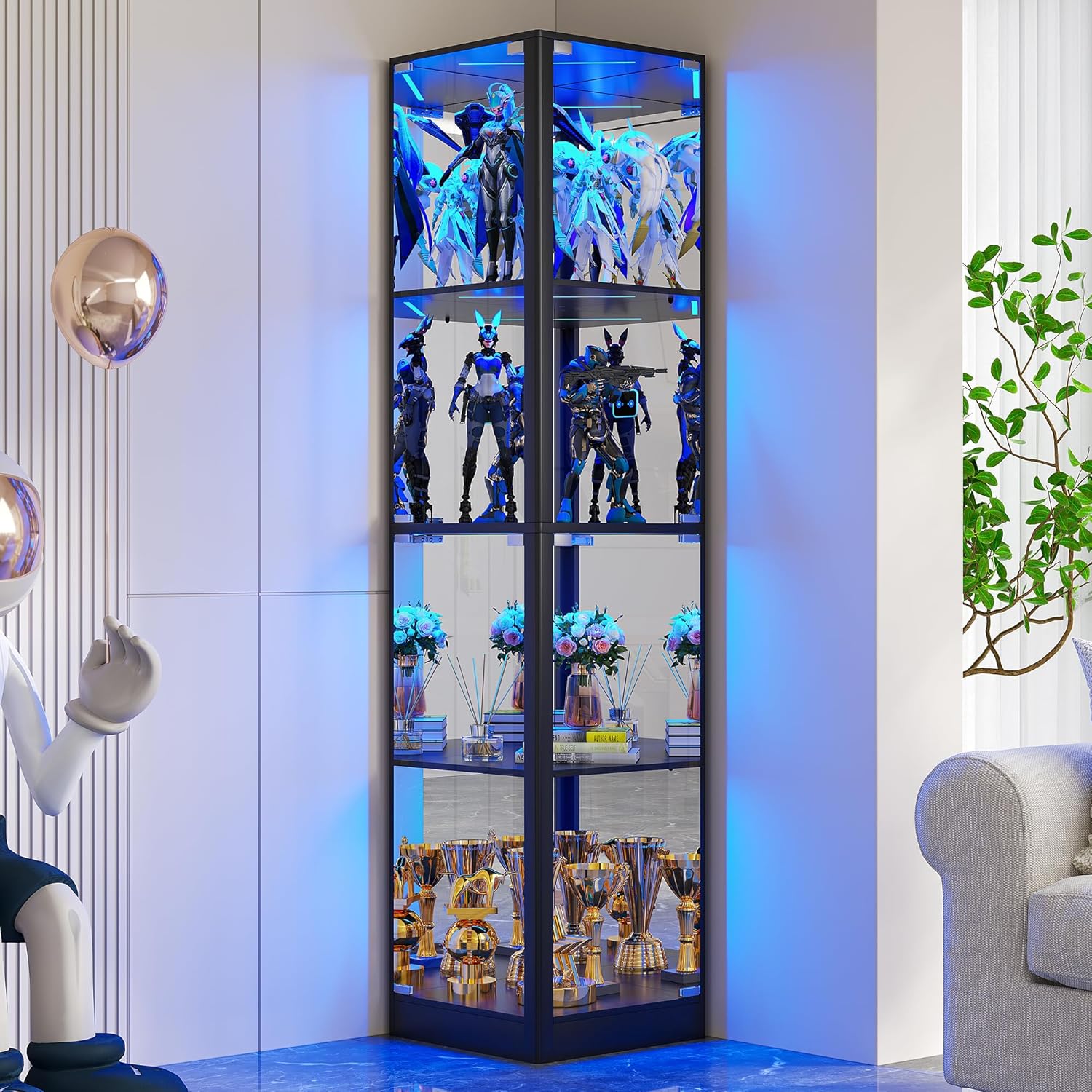 Dystler Corner Display Cabinet with Glass Doors, 68' Display Case with LED Lights, 4-Tier Curio Cabinets for Collectibles, Toys, Books, Modern Storage Cabinet, Black