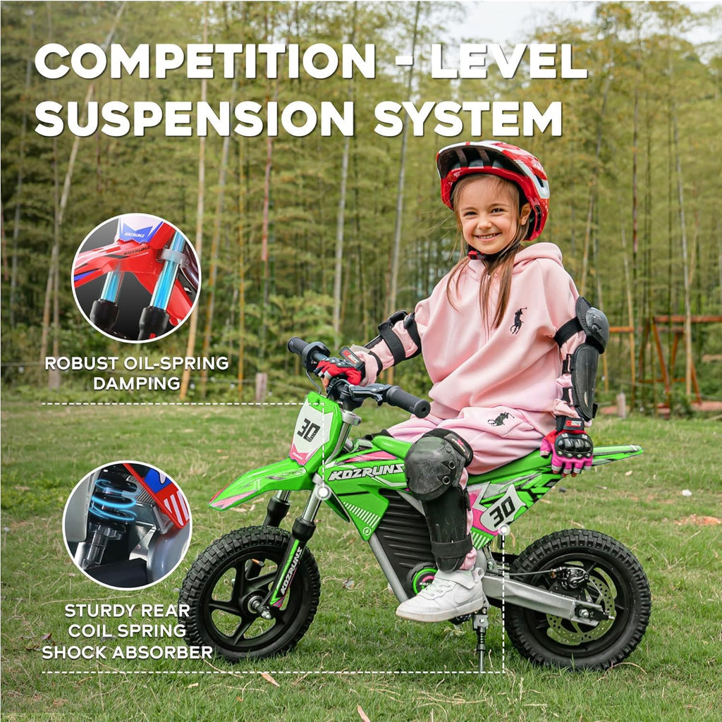 AIII 36V Electric Dirt Bike for Kids 3-8, High Performance 250W Racing Grade Motorcycle, Up to 15.5MPH, 3 Speed Settings, 12-Inch Off-Road Tires, Rear Disc Brakes & Advanced Shock Absorption, Green