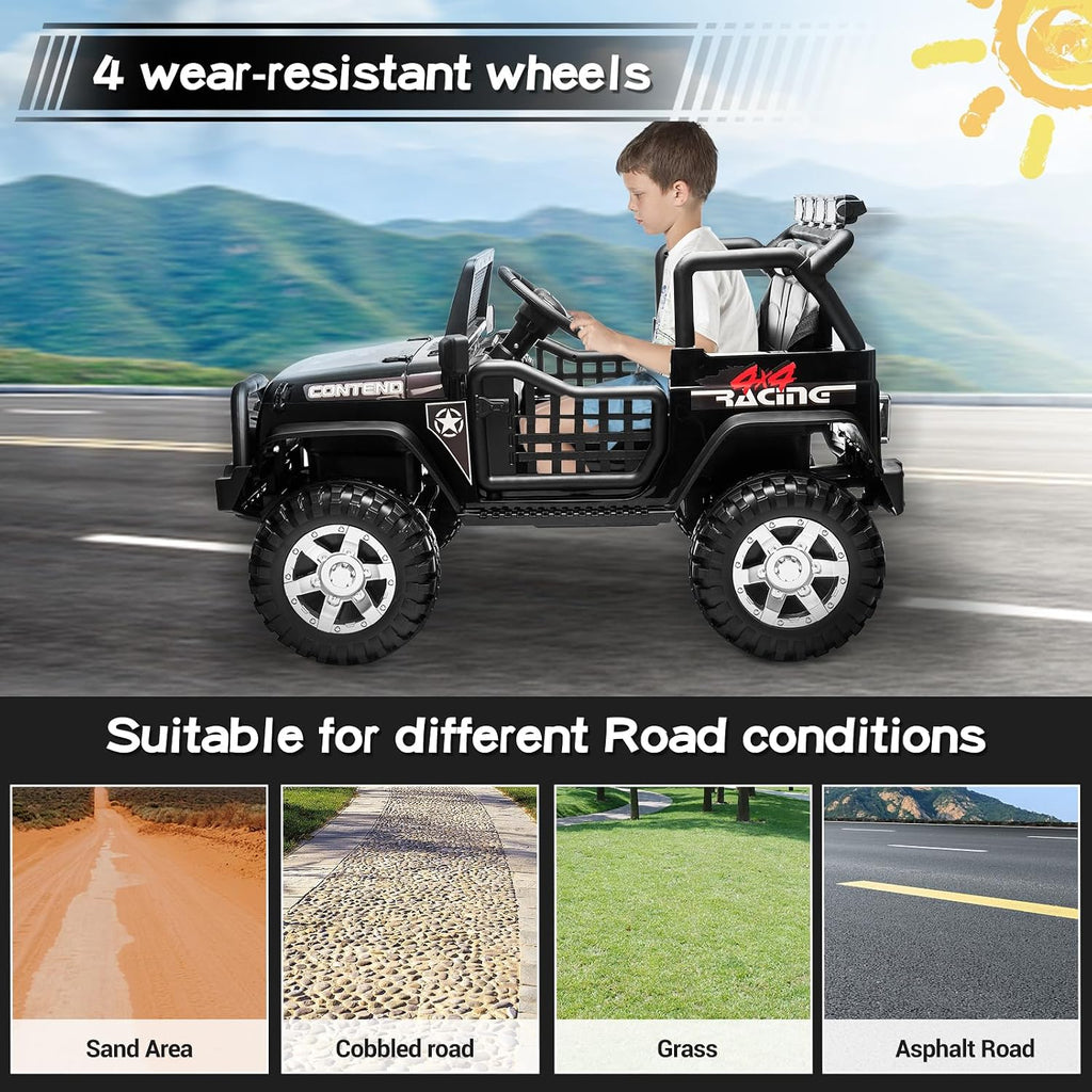 SEHOMY 2-Seater Kids Electric Car, 12V Truck Power Wheels with Remote Control - 110LBS Max Load, 19'' Wide Seat, Spring Suspension, Music, Battery Powered Kids Ride on Car Black Vehicles for Boy Girl