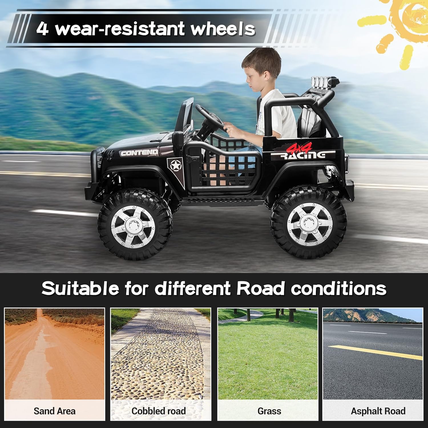 SEHOMY 2-Seater Kids Electric Car, 12V Truck Power Wheels with Remote Control - 110LBS Max Load, 19'' Wide Seat, Spring Suspension, Music, Battery Powered Kids Ride on Car Black Vehicles for Boy Girl