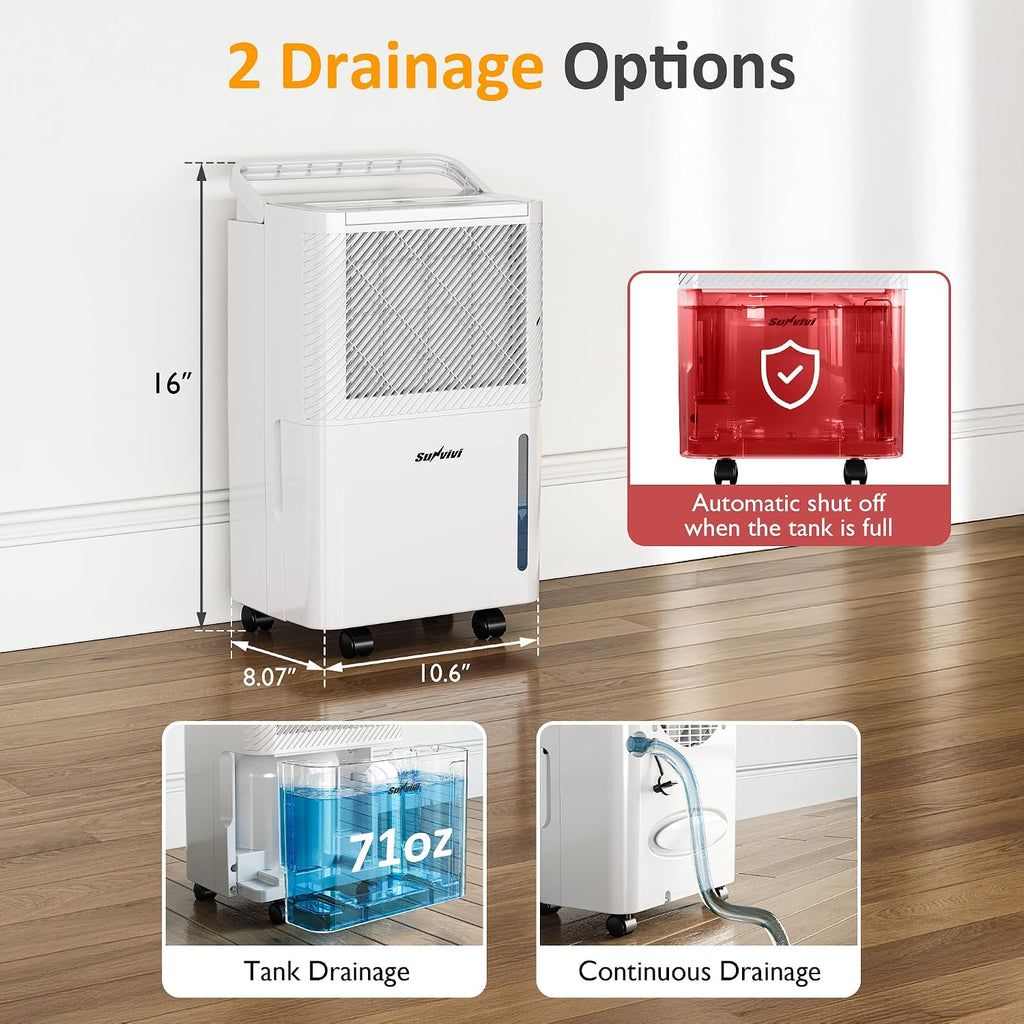 Sunvivi 22 Pints Dehumidifier for Home: 1500 Sq.Ft Dehumidifiers with 71OZ Water Tank, Drain Hose for Basement, Bedroom, Bathroom, RV, Garage, Living room, 360° Rotatable Wheels, 24H Timer, White