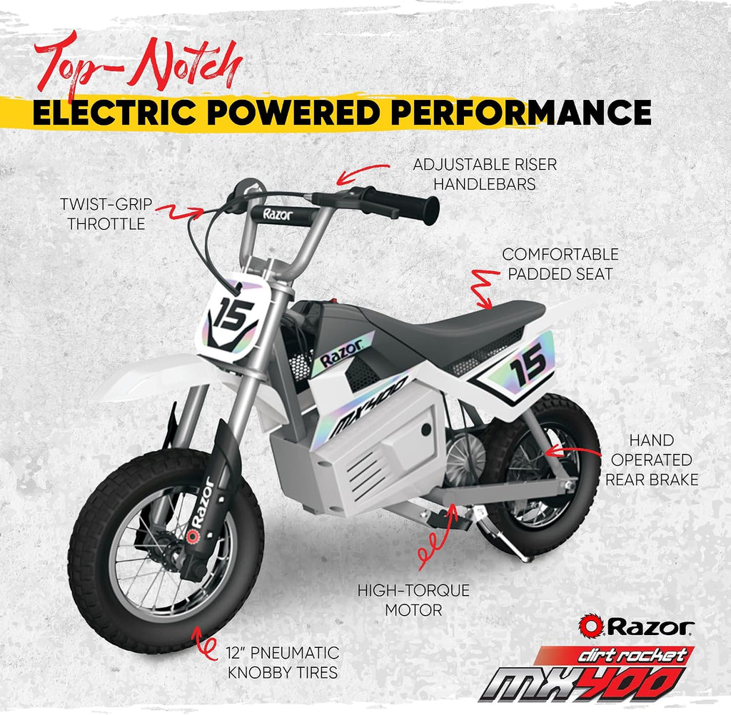 Razor MX400 Dirt Rocket Electric Bike for Kids Ages 8+, 140 lb Max Weight, White – 24V Battery, Up to 14 Mph, 30-Min Ride Time on High Speed, Twist-Grip Throttle, Spoked Wheels w/ 12' Pneumatic Tires