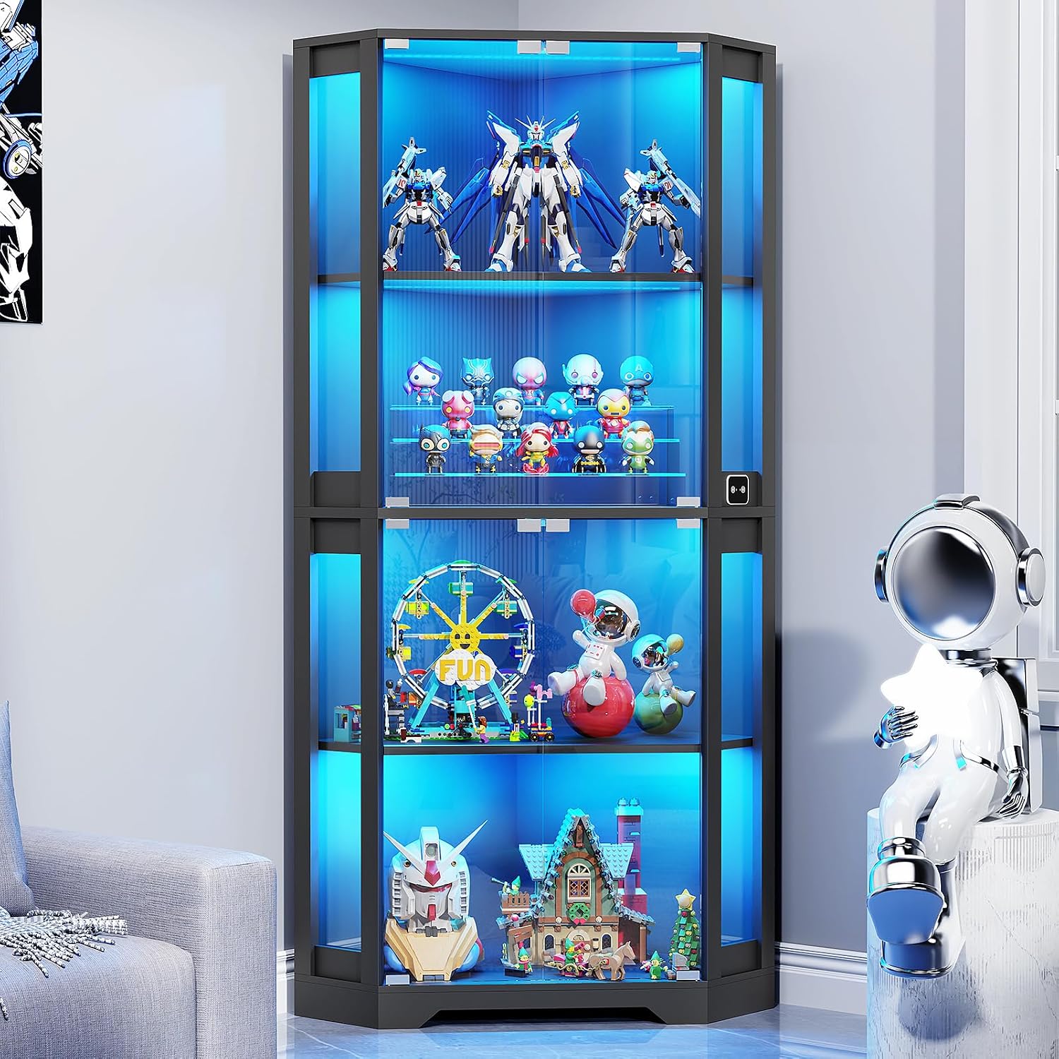 BROTTAR Corner Display Cabinet with Glass Doors, 65' Lighted Curio Cabinet with 3 Color LED Lights for Collectibles, 4-Tier Showcase Display Case with Human Body Sensor for Toys, Books, Black