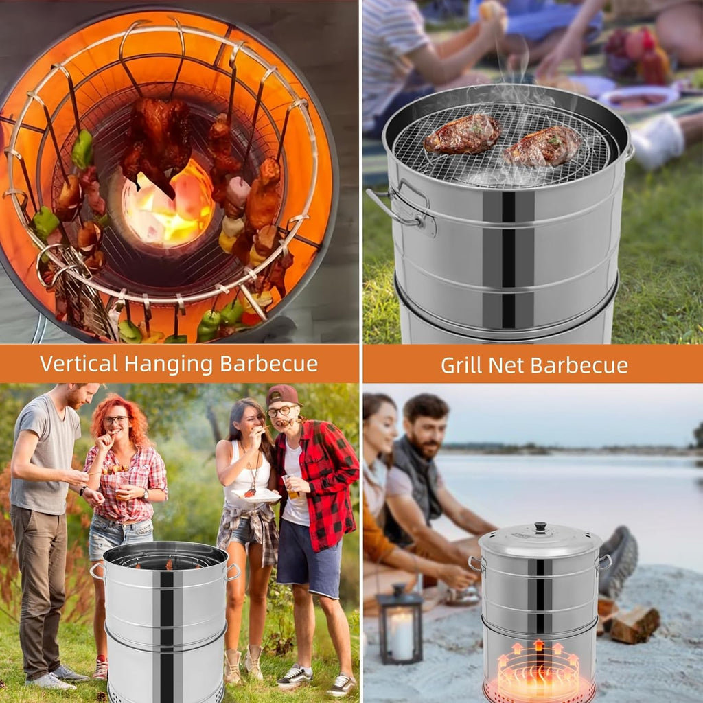 2-in-1 Vertical Smoker Barrel Grill, Portable Charcoal BBQ 360° Smokeless Stainless Steel BBQ Grill Barrel for Outdoor Barbecue, Camping, And Backyard Cooking (Large-50 Skewers)