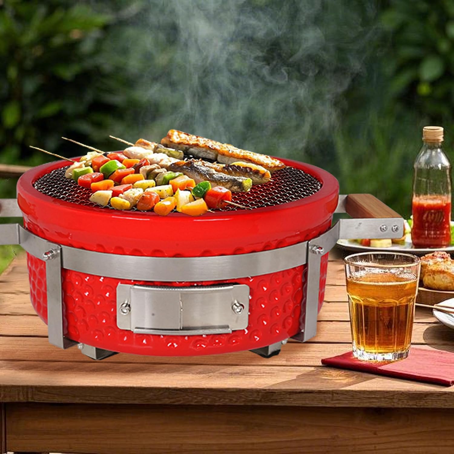 Yakitori Charcoal Grill, Japanese Ceramic Tabletop BBQ Grill with Stainless Steel Stand & Grid Lifter, Portable Indoor/Outdoor Hibachi Grill for 2–5 People, 16'x9', Red, Gift for Chrismas