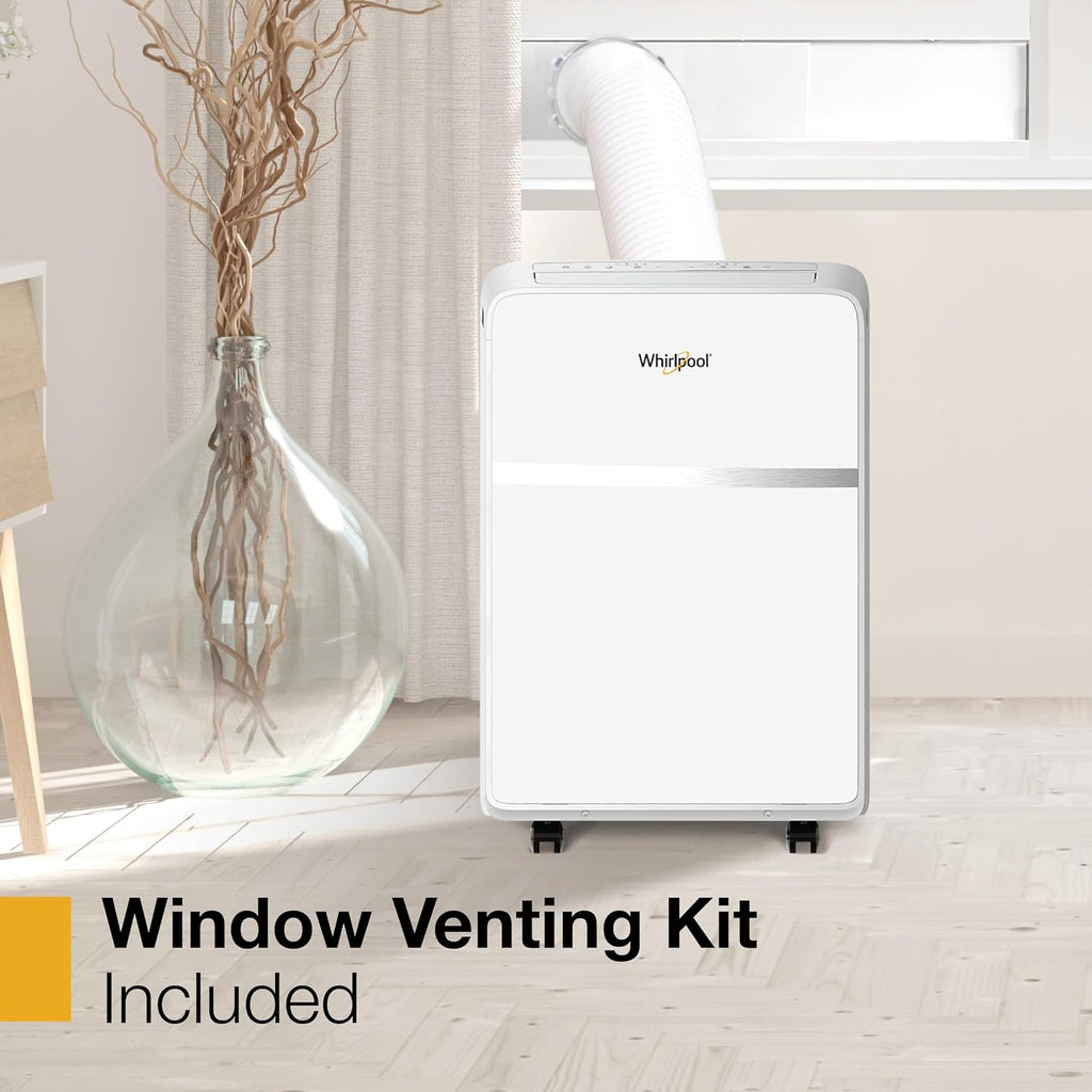Whirlpool 8,000 BTU Portable Air Conditioner with Dehumidifier for Apartment, Bedroom, Small Rooms up to 200 Sq. Ft., 115V, with 3 Speeds, 24H Timer, and Remote Control, White