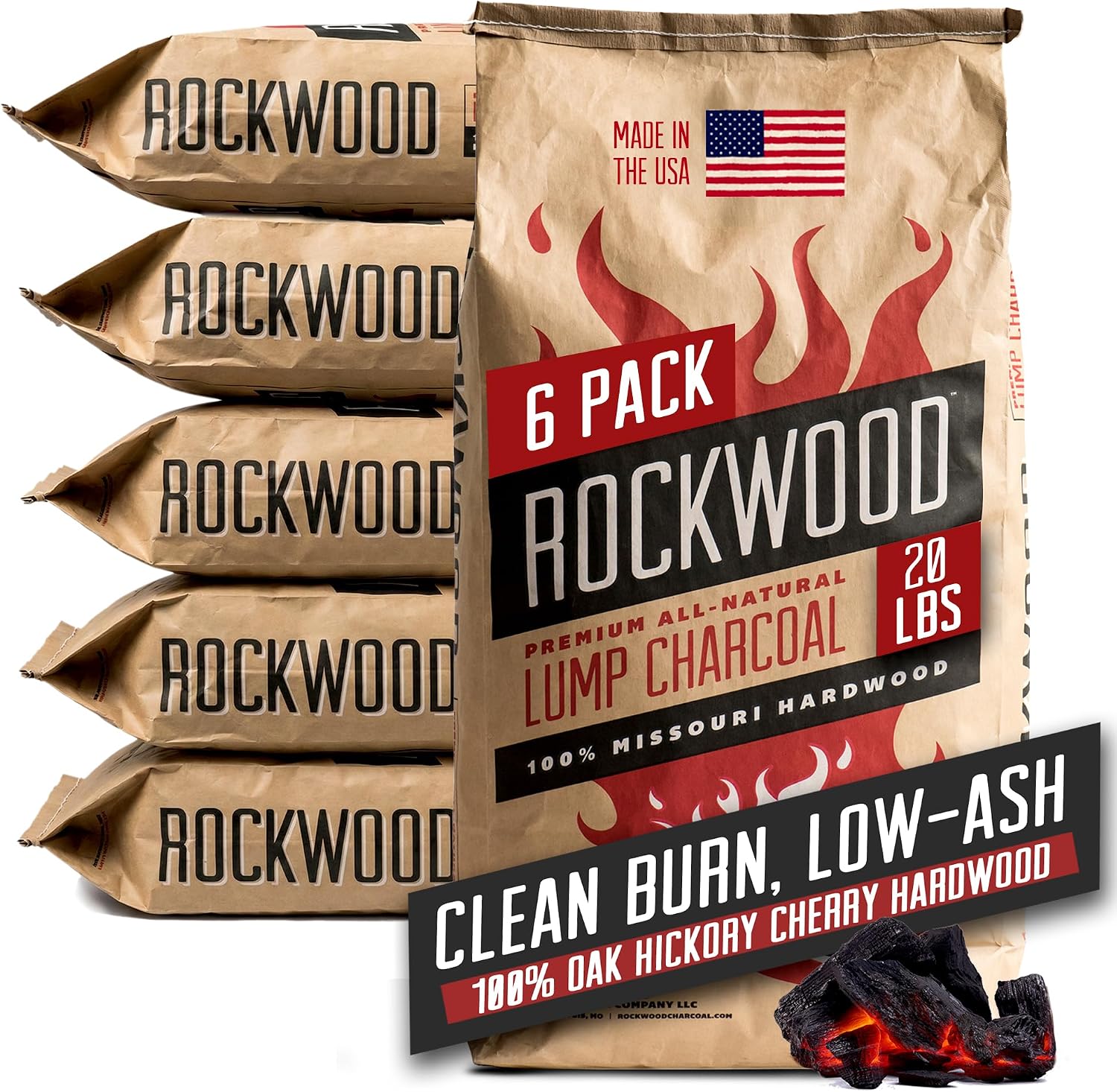 Rockwood Natural Lump Charcoal – Hardwood Lump Charcoal Blend of Oak, Hickory & Cherry for Clean Burn, High-Heat Grilling & Smoky Flavor Barbecue – Ideal for Kettle & Kamado Grills – 20lbs (6 Packs)