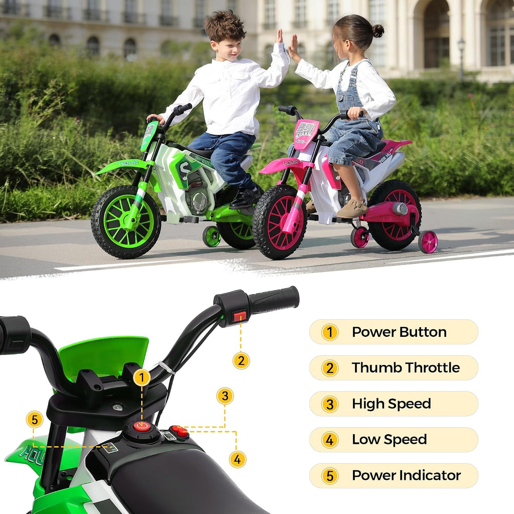 TOBBI Electric Motorcycle for Kids 12V Dirt Bike Ride on Toy Battery Powered Motorbike Off-Road Motocross Kid Motorized Vehicles w/ 2 Speeds, 35W Dual Motors, Training Wheels, Green