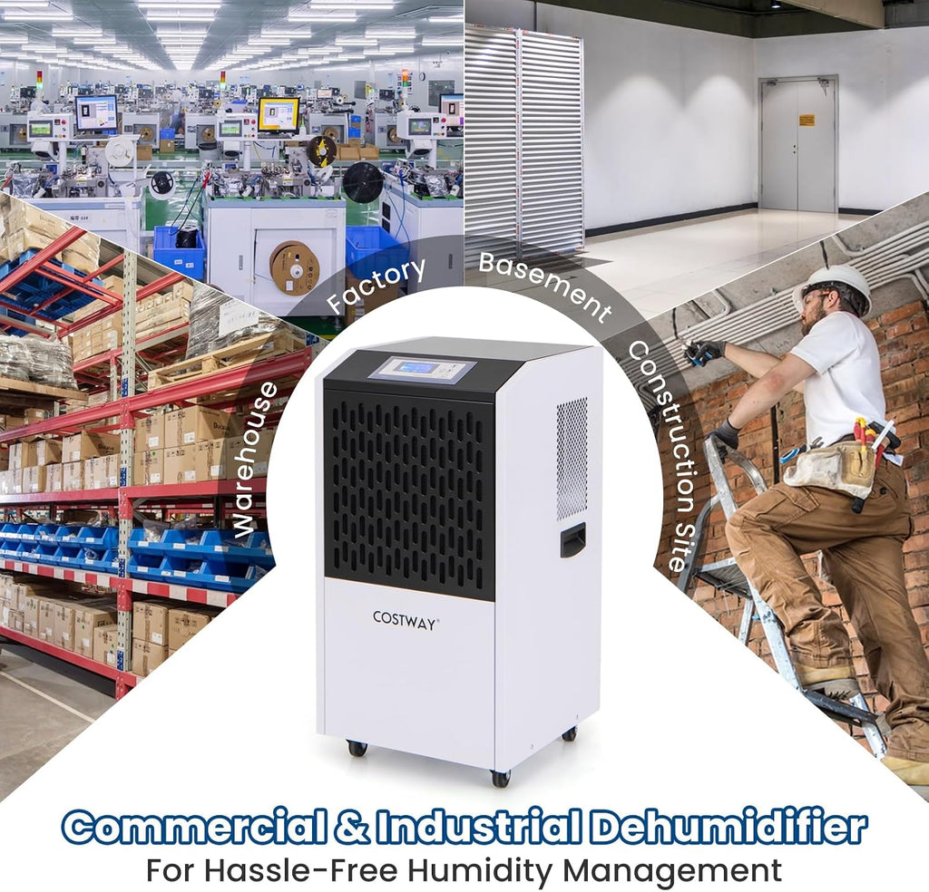 COSTWAY 250 Pints Commercial Dehumidifier with Drain Hose, Industrial Heavy Duty Dehumidifier, 24H Timer & 4 Wheels for Basement, Warehouse, Water Damage Restoration, Large Spaces up to 8,500 Sq.Ft
