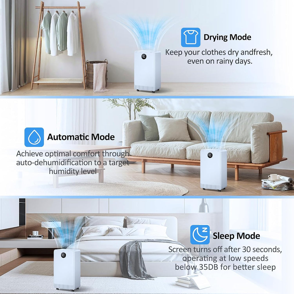2500 Sq.Ft Dehumidifier with Drain Hose for Basement and Home Large Bedroom Bathroom, 35 Pints Dehumidifiers with Auto Shut Off, Intelligent Humidity Control, Auto Defrost, 3 Modes, 24HR Timer