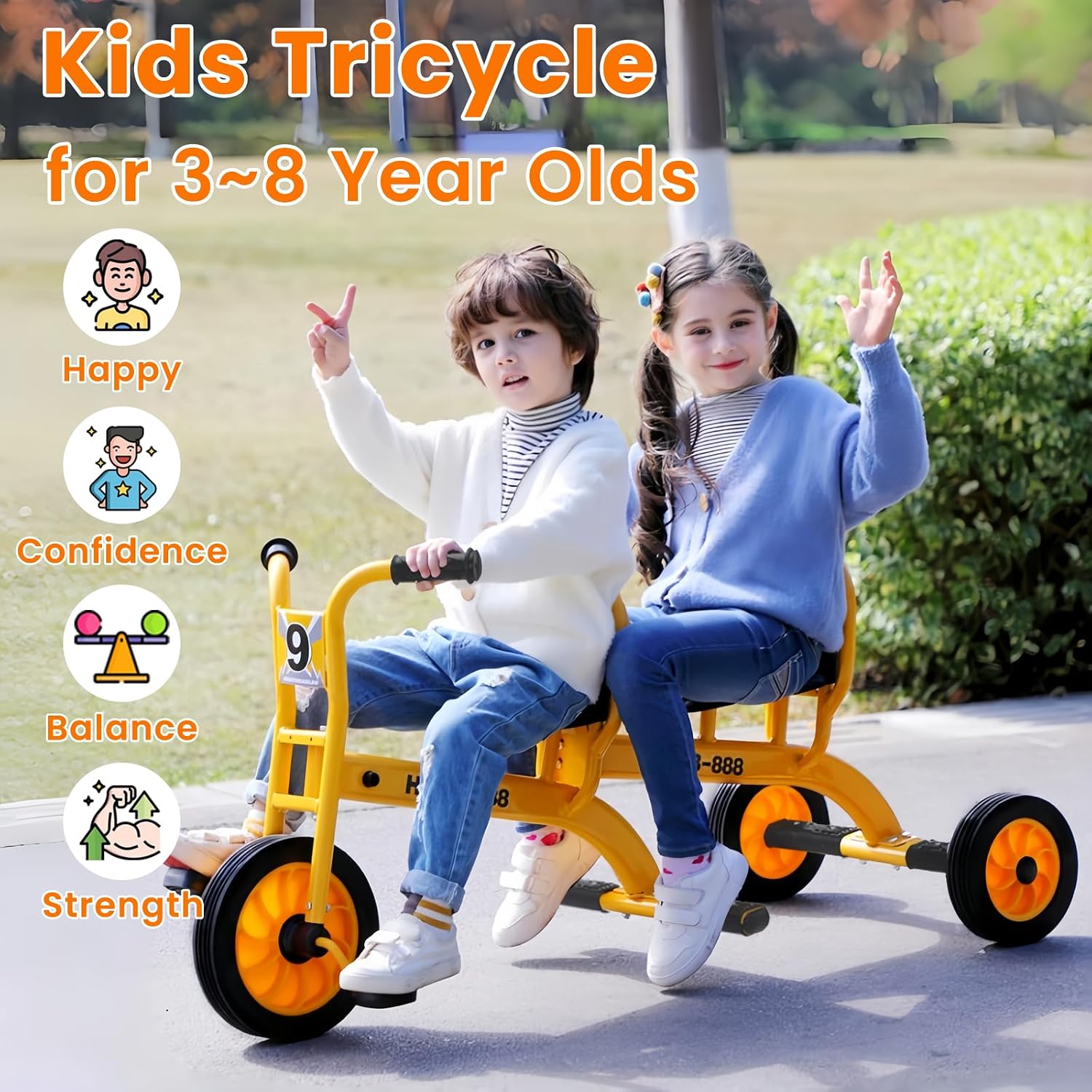 Kids Tricycle for Ages 3-8, Double Kids Trike Bike, Preschool Daycare Outdoor Tandem Bike with Airless Rubber Tires, Two-Seater and Non-Slip Pedals, Gift for Boys and Girls