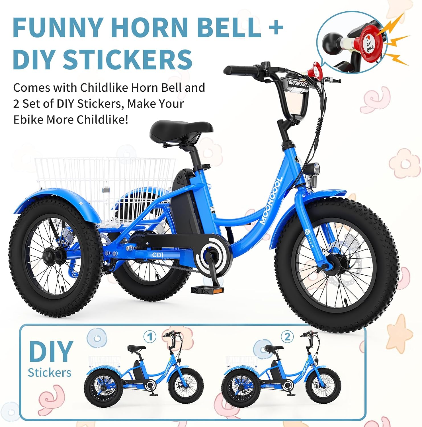 16 Inch Kids Electric Tricycle, 250W 24V Fat Tire Electric Trike, 3 Wheels Electric Bike Cruiser Bicycle, Aluminum Frame Motored Trike with Adjustable Seat and Removable Battery, Blue