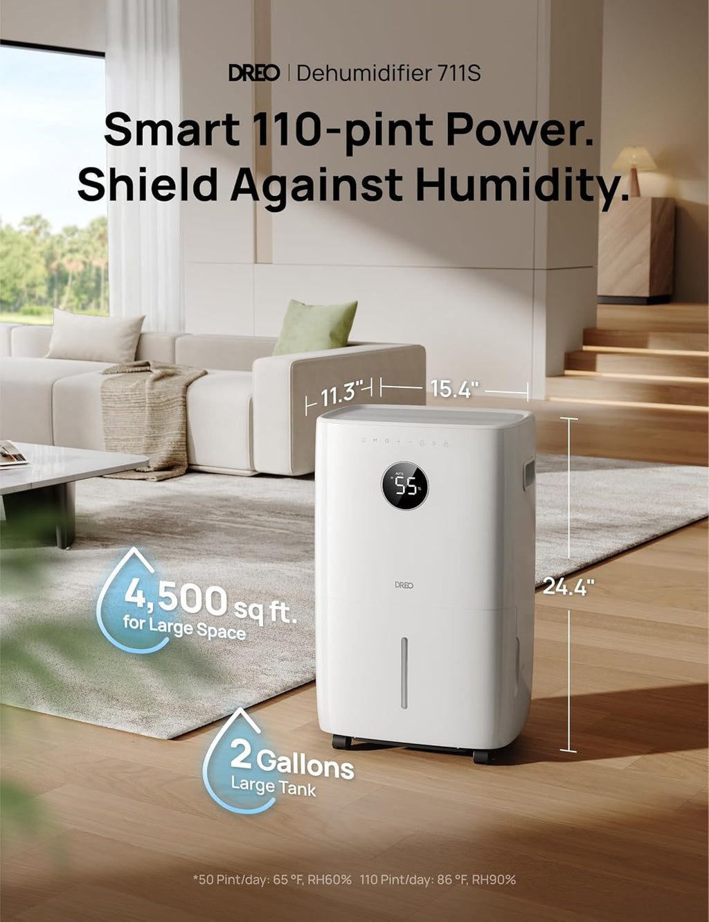 DREO 110-Pint Smart Dehumidifier for Basement, 4500 Ft² for Large Room, 2 Gallon Water Tank, Auto/Comfort/Constant Mode Dehumidifiers for Home, Bedroom, Bathroom, with Drain Hose, White, 711S
