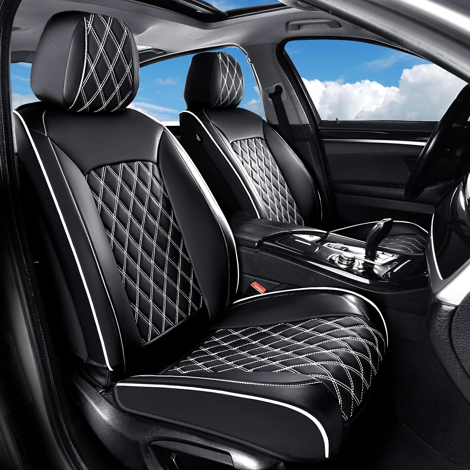 Huidasource Universal Car Seat Cover, Nappa Leather Car Seat Cover Set, Velcro Adjustable, Compatible with Airbags, Armrests, Child Seat, fit for Most Cars, Vans, Trucks, SUVs (Full Set/Black&White)