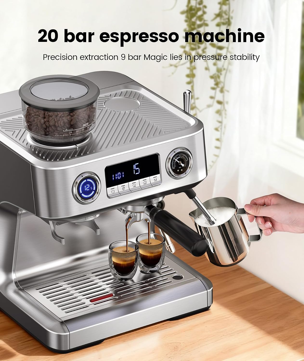 COWSAR Dual Boiler Espresso Machine with Grinder, 20 Bar Espresso Machines with Milk Frother, Espresso Maker with Removable Water Tank, Commercial Expresso Coffee Machines, Brushed Stainless Steel