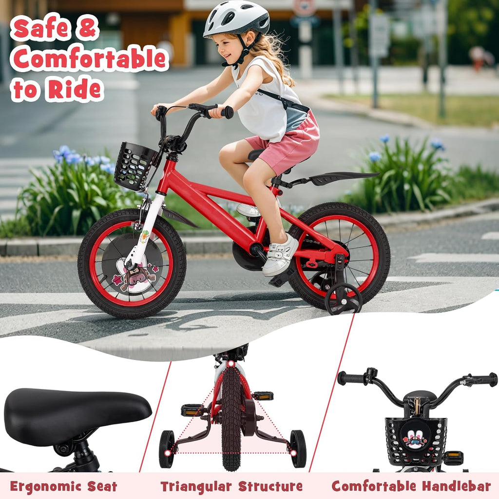 BABY JOY Rabbit Pilot Sporty Kids Bike, 12 14 16 18 Inch Child Bike for 3-8 Years Old with Adjustable Height, Training Wheels, Storage Basket, Handbrake & Coaster Brake, Kids Bicycle for Girls Boys