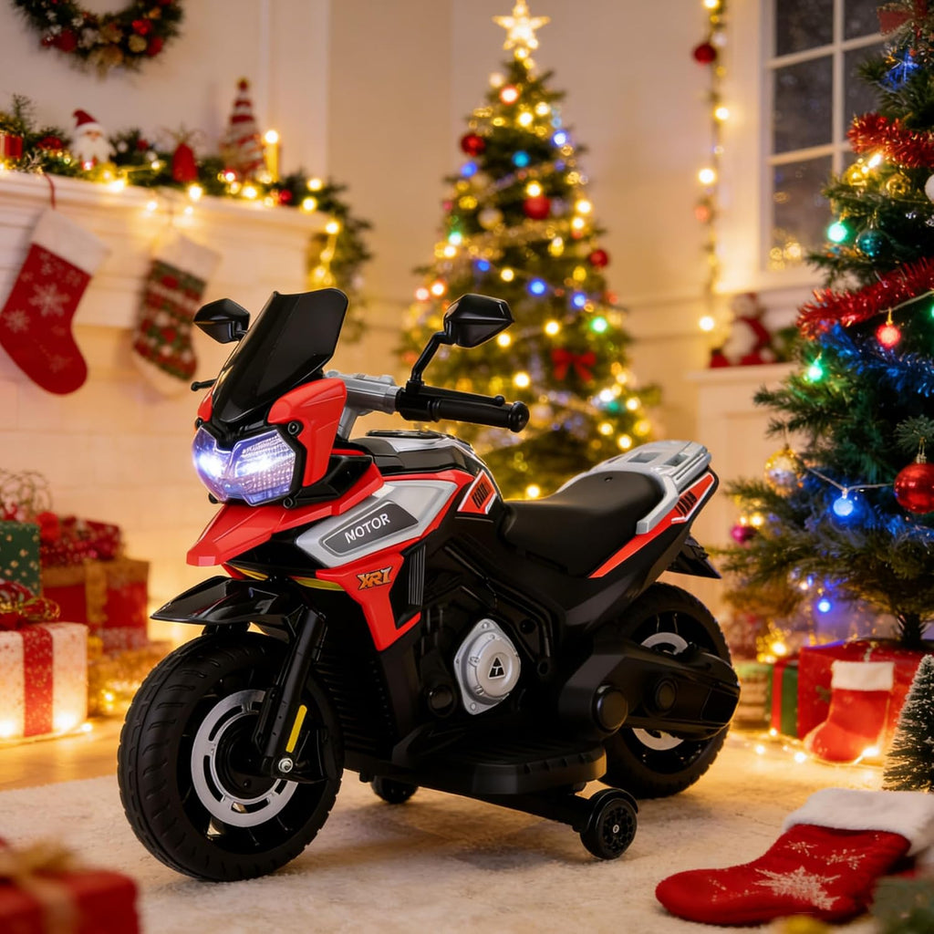 TOBBI Kids Motorcycle Electric Dirt Bike Toddler Motorcycle with Training Wheels 12V Ride on Toys Battery Powered Motor Bike w/Music Headlights for Children, Red