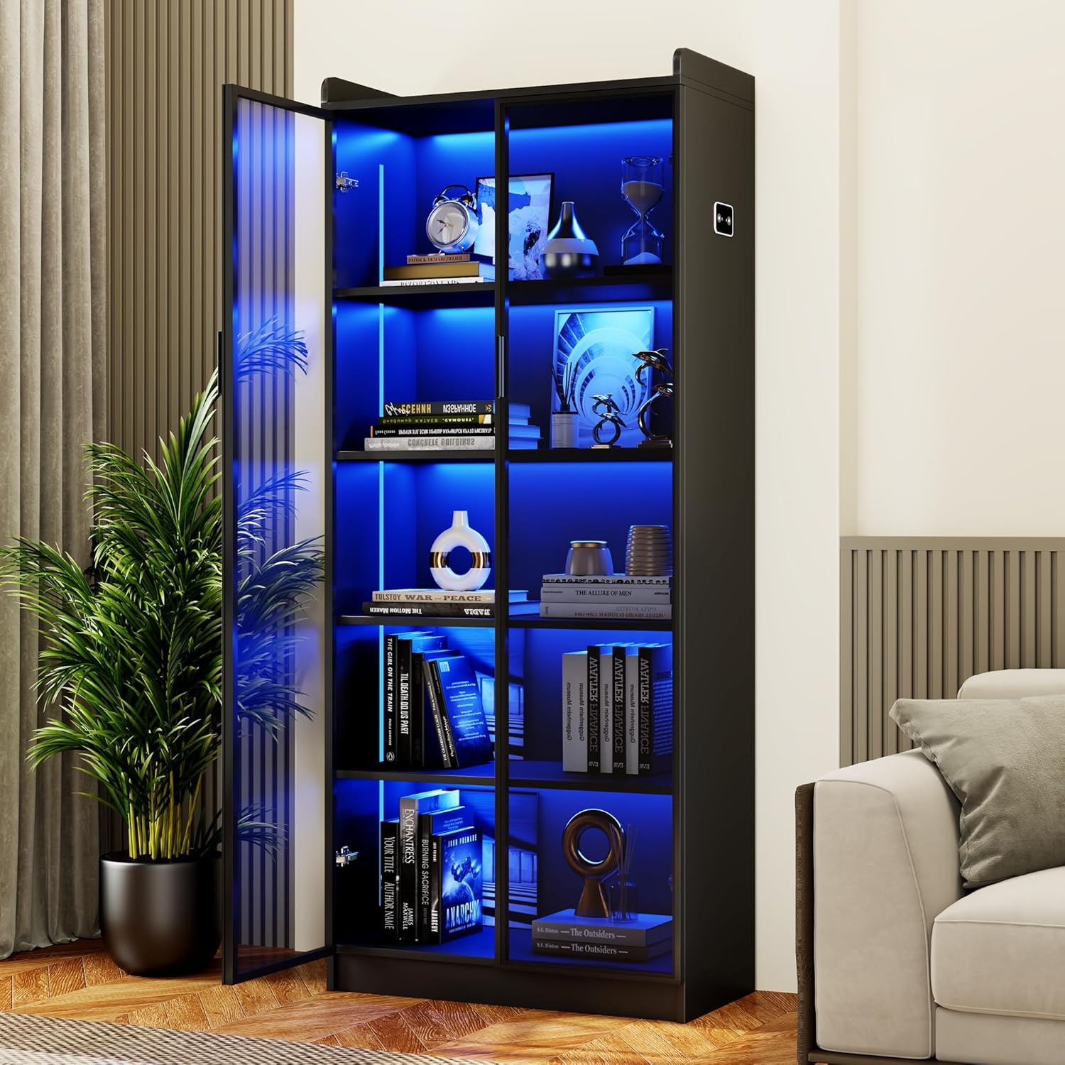 Dystler Display Cabinet with Doors and Adjustable Shelves, 65' Tall Bookcase with LED Lights/Human Sensor, 5 Tier Display Case for Collectibles Bedroom Living Room Office, Black