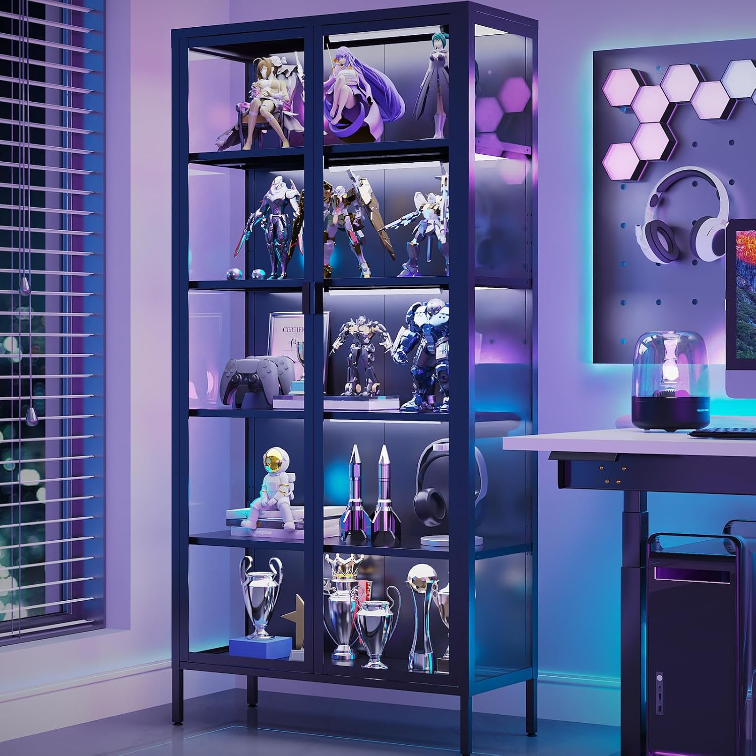 Eltean 71' H Display Cabinet with Glass Doors, 5 Tiers Curio Glass Display Cabinet with 3 Colors LED Sensor Light,Display Cabinets for Collectible with 4 Adjustable Shelves for Living Room,Bedroom