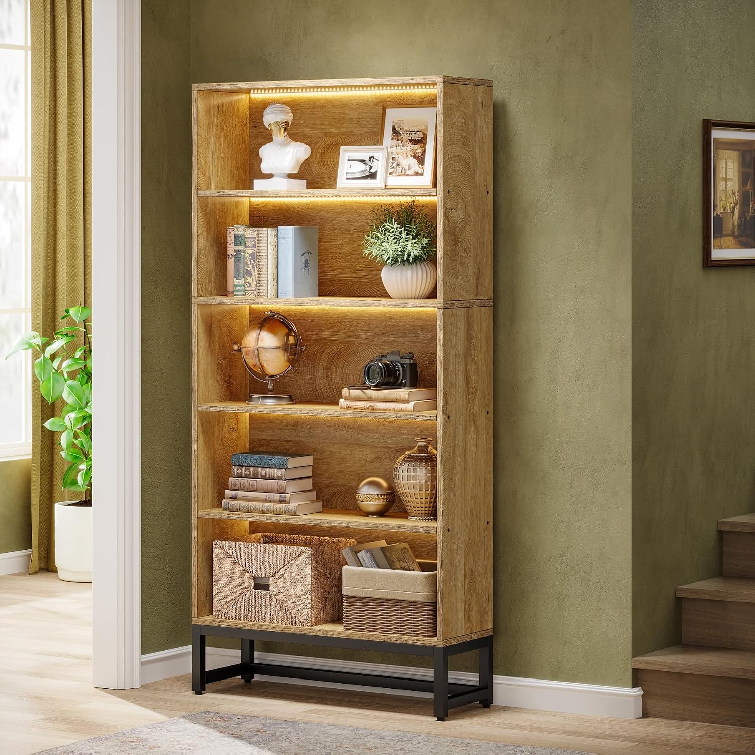 Tribesigns Tall Bookcase and Bookshelf, 70.8' Large Bookcases Organizer with LED Lights, Heavy Duty Free-Standing Library Bookshelf with 5-Tier Storage Shelves for Living Room, Bedroom (Brown)