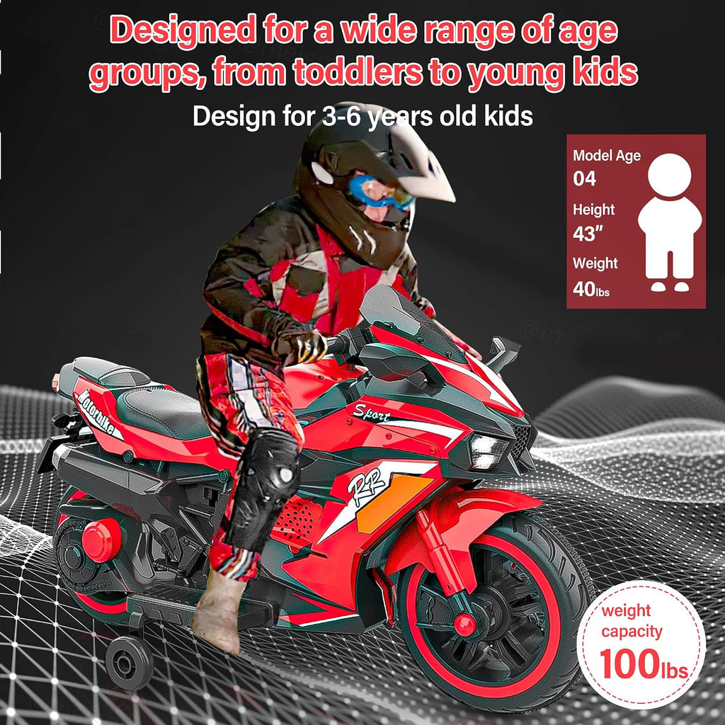 WIIS' IDEA Kids Ride On Motorcycle,12V Electric Battery Powered Ride On Bike,3 Wheels Electric Motorcycle for Kids Ages 3-6 Years with Hand Racing,LED Light-Emitting Tyres,PU seat,Toy Gifts,Red