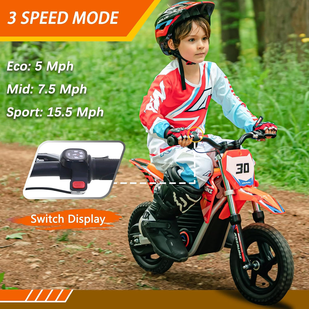 OLALA 36V Electric Dirt Bike for Kids 3-6, 250W Brushless Motor with 3-Speed Control, 15.5 MPH Max Speed, 12' Off-Road Tires Motorcycle, for Boys & Girls, Orange