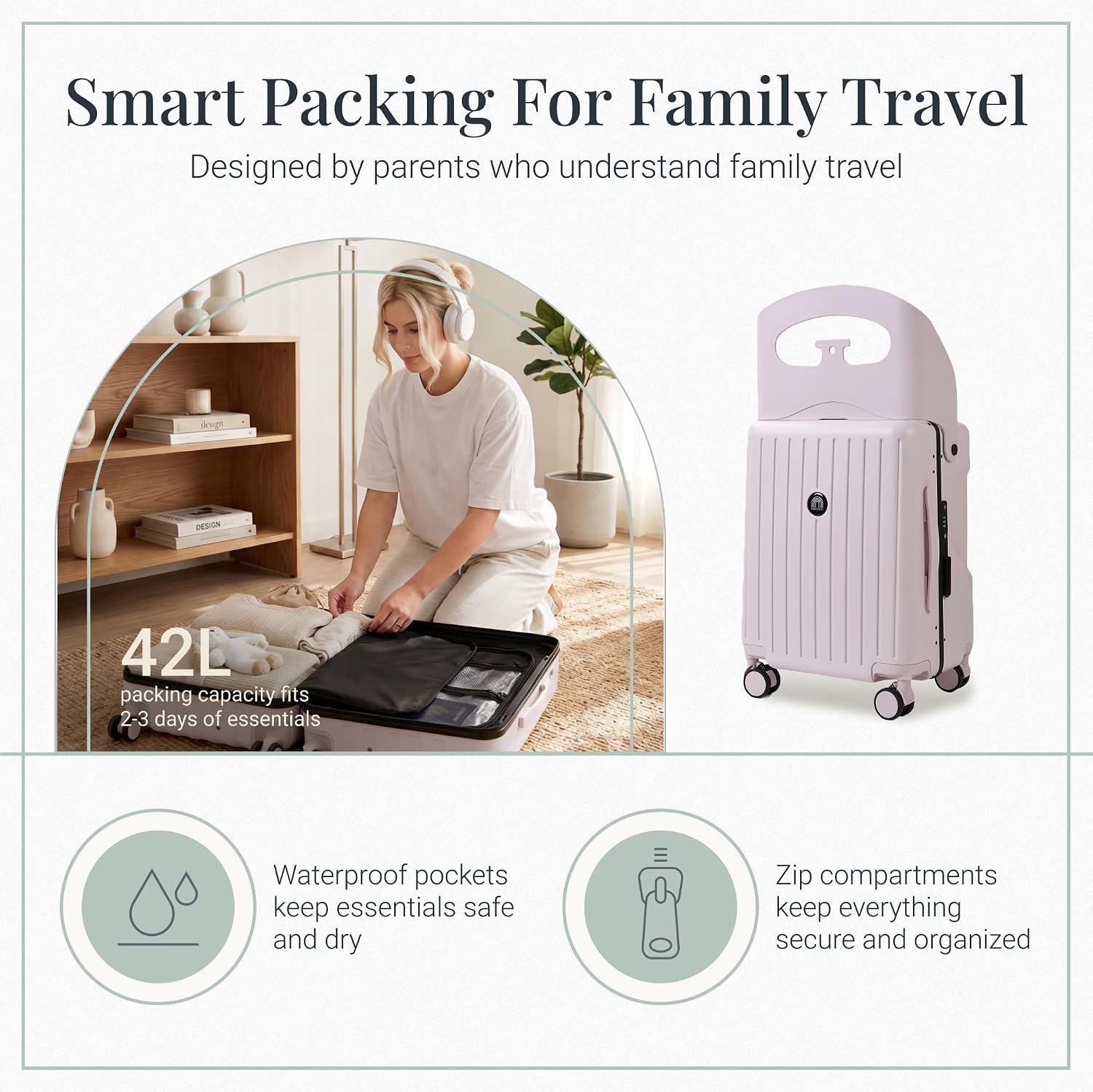 RAINRO & CO Whisper Blush 20' Ride-On Suitcase for Kids (Ages 3–5), Carry-On Luggage with Seat, Spinner Wheels, TSA Lock & Lightweight Durable Hardshell