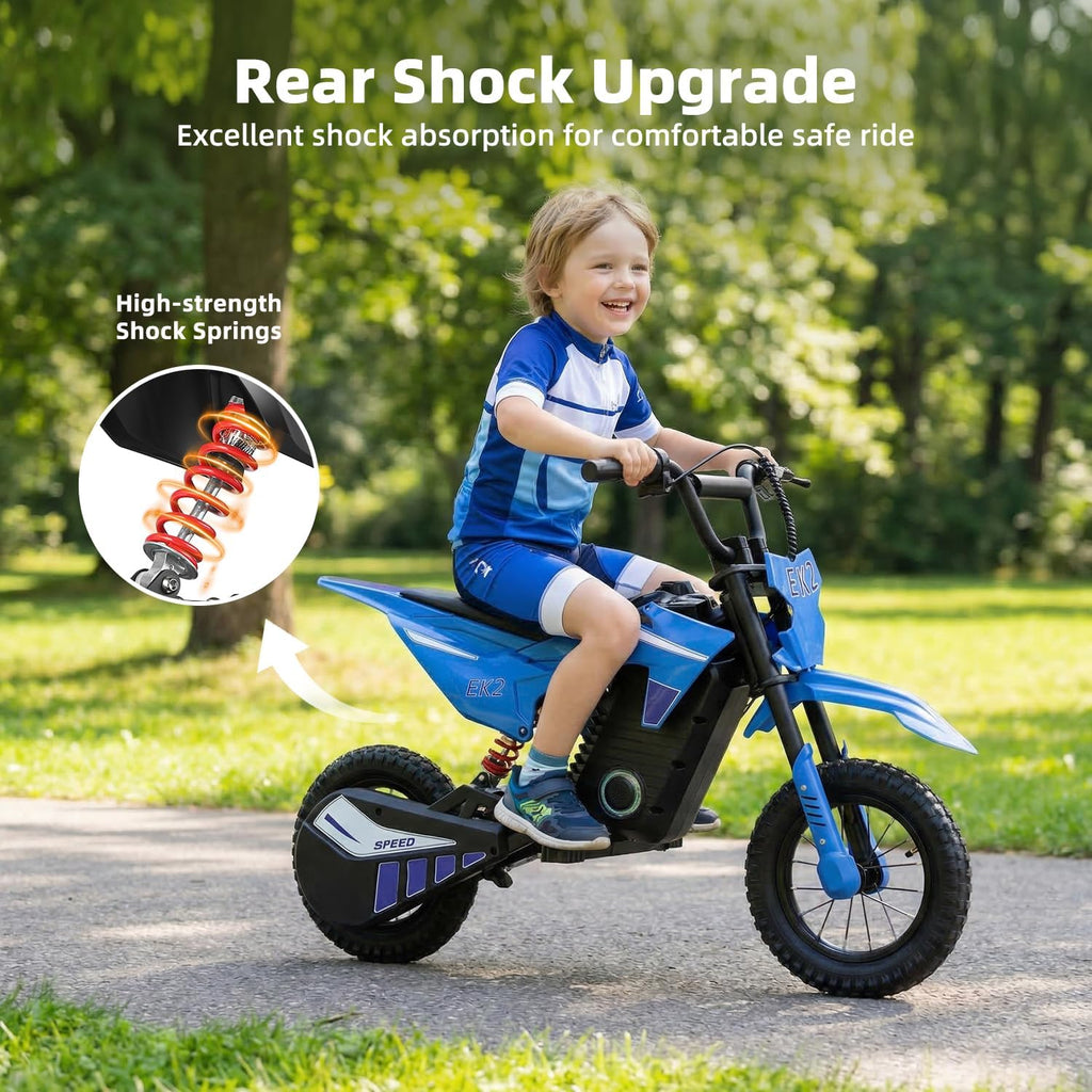 EK2 Kids Electric Dirt Bike, 350W Motor, 15 MPH Max Speed, 36V 5.2Ah Lithium Battery 12 Miles Max Range, Electric Motorcycle for Kids Aged 5-10, Blue