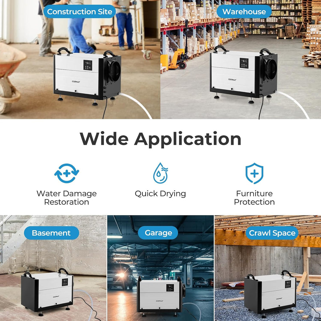 COSTWAY 124 PPD Commercial Dehumidifier, 1300 Sq.Ft Crawl Space Dehumidifier with 9.8 FT Drain Hose & Wired Remote Control Panel, Ideal for Basement, Warehouse, Job Site (White)