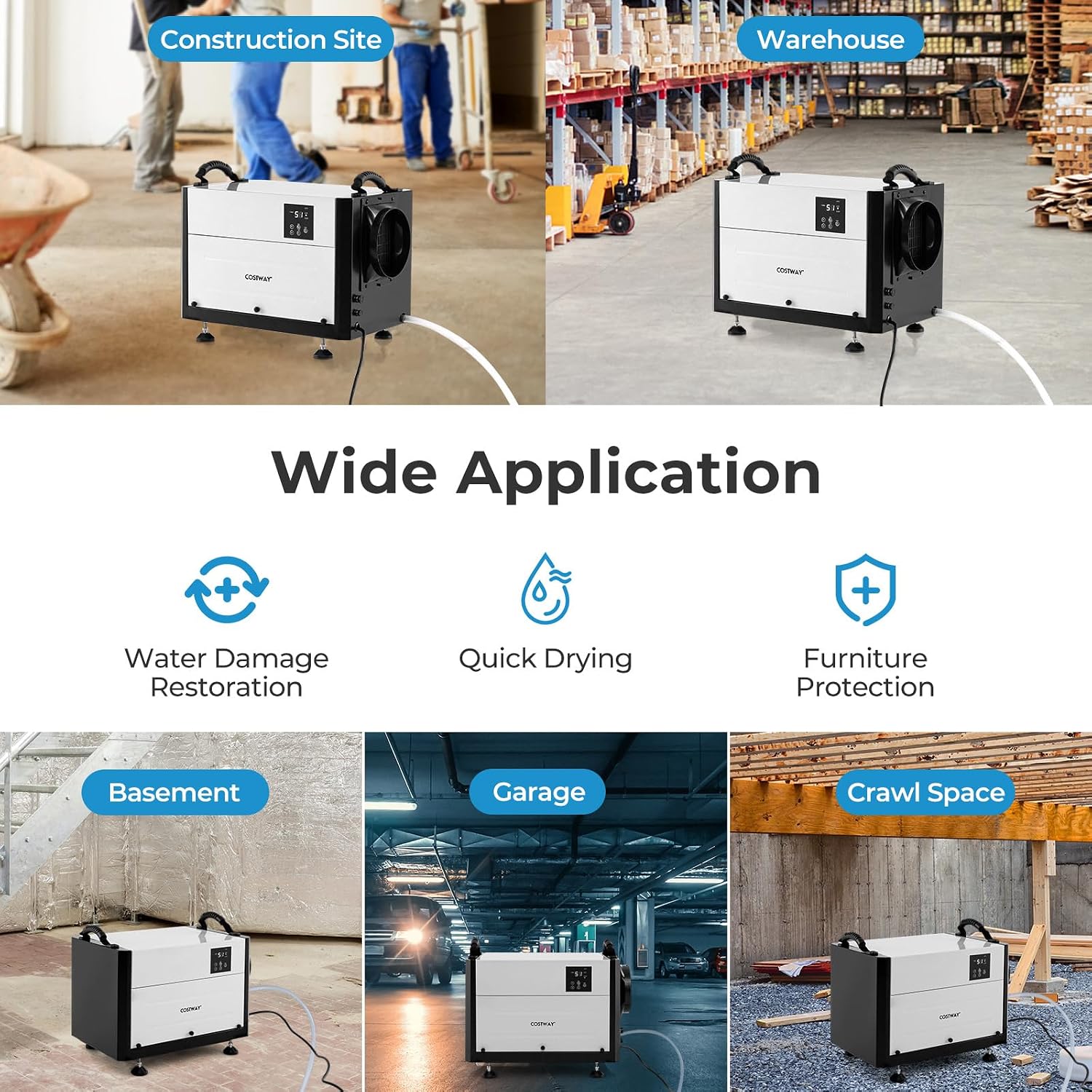COSTWAY 124 PPD Commercial Dehumidifier, 1300 Sq.Ft Crawl Space Dehumidifier with 9.8 FT Drain Hose & Wired Remote Control Panel, Ideal for Basement, Warehouse, Job Site (White)