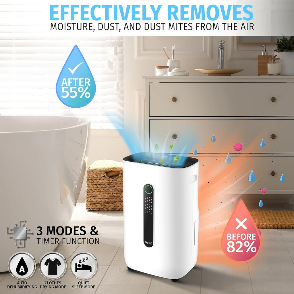 Nyxi 4,500 Sqft / 50 Pints Powerful Compressor Dehumidifier, Smart Digital Humidity Control, XL Water Tank 1.7 Gallon, Drain Hose Option, 24-Hour Timer, Removes Moisture for Home, Laundry, Office