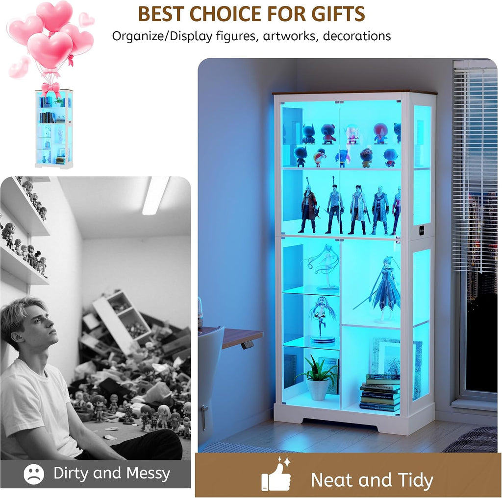 Lvifur 71' Display Cabinet with Glass Doors, Modern Curio Cabinet with 3 Color Lights, 7-Tiers Glass Display Cases for Collectibles, Tall Lego Storage Cabinet with Human Body Sensor (White)