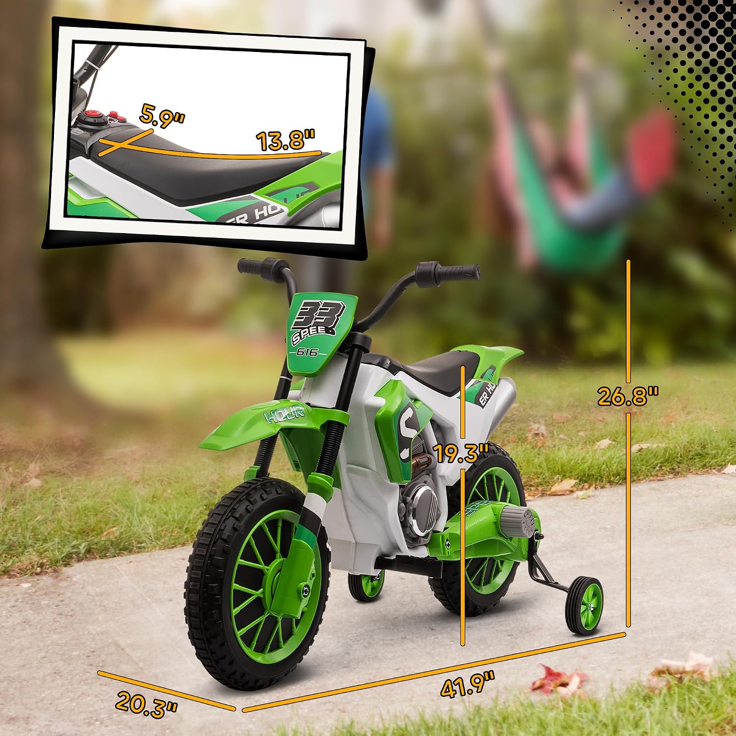 Aosom 12V Kids Motorcycle w/Treaded Tires, 5mph Top Speed Electric Bike for Kids, Ride On Motorcycle w/Training Wheels, Battery Charger, Spring Suspension, Green