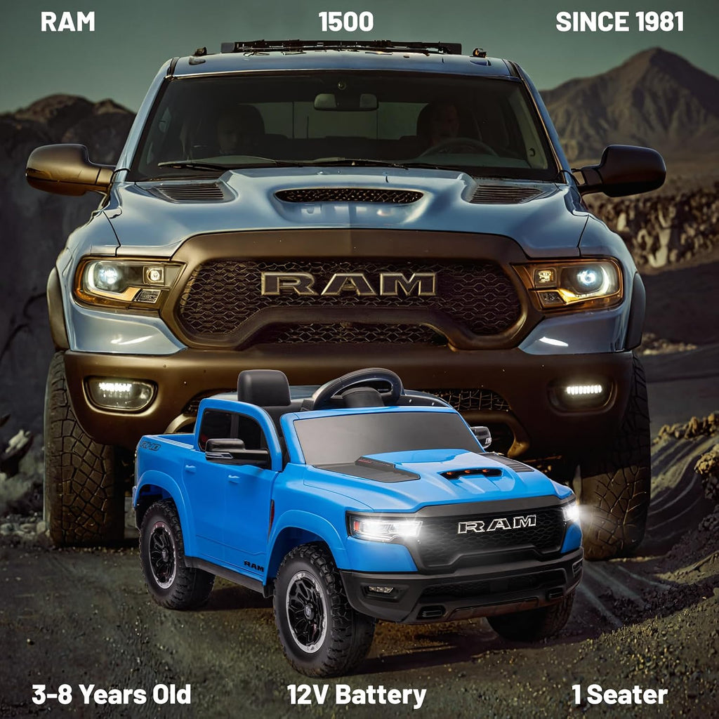 YOFE Ram 1500 RHO Ride on Car for Kids,12V Electric Truck Car with Remote,Kids Ride on Toy Car with Raised Windows,Safety Belt,Bluetooth,Music for Age 3-8 (Blue)