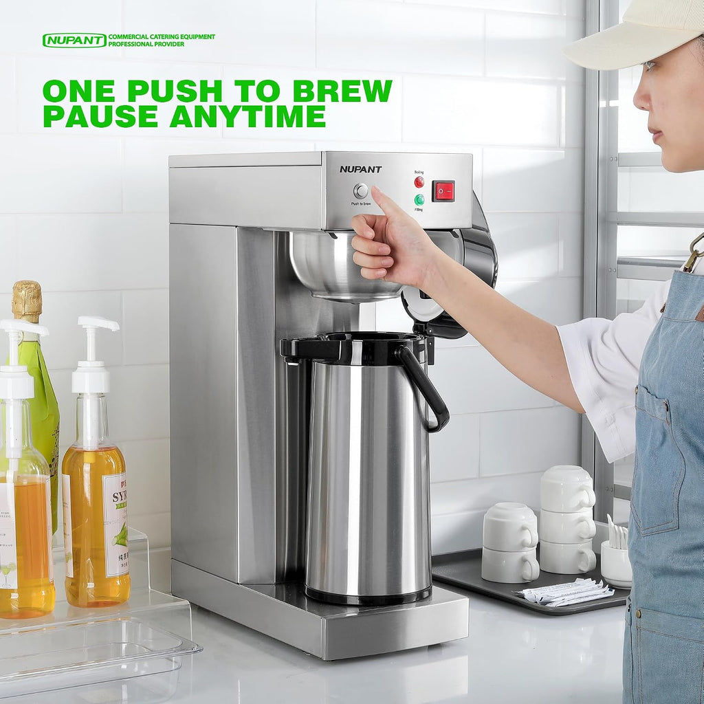 NUPANT Auto-Filling Commercial Airpot Coffee Brewer 2.2L/74oz Dirp Coffee Maker Machine with 24 Hours Hot Thermal Carafe Stainless Steel Pour Over Coffee Dispenser 120V/1450W for Restaurant Office