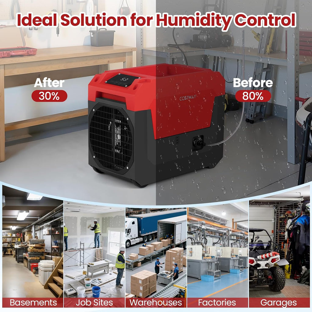 COSTWAY 140 Pints Commercial Dehumidifier with Pump, Portable Industrial Dehumidifier with Drain Hose for Basements, Job Sites, Water Damage Restoration, Large Spaces up to 1800 Sq.Ft (Red)