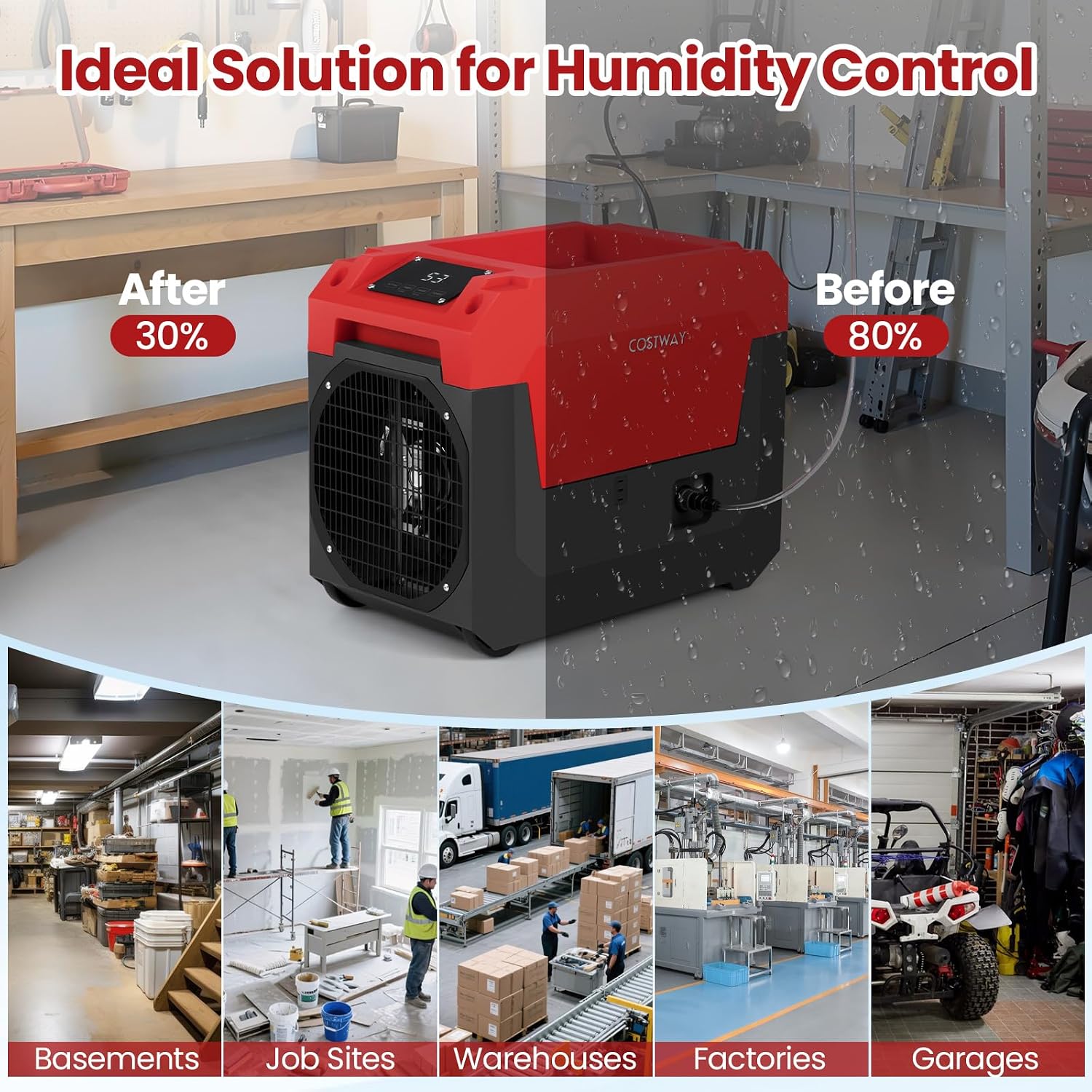 COSTWAY 140 Pints Commercial Dehumidifier with Pump, Portable Industrial Dehumidifier with Drain Hose for Basements, Job Sites, Water Damage Restoration, Large Spaces up to 1800 Sq.Ft (Red)