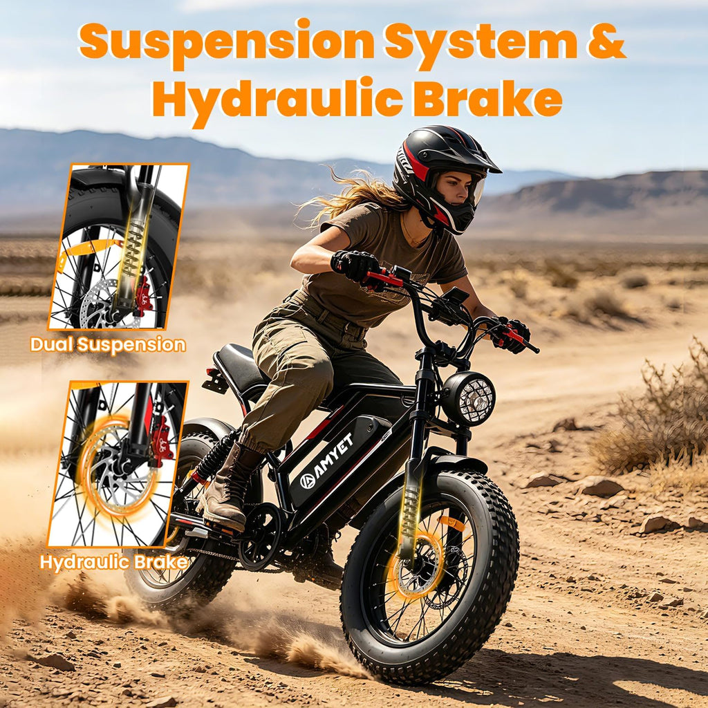 AMYET Electric Bike for Adults, 1500W Peak 33Mph 60Miles Ebike, 20'' X 4'' Fat Tire E Bike, 48V 20Ah(960WH) Battery Electric Dirt Bike, Hydraulic Brake | Full Suspension| 7-Speed Moped Ebike, Black