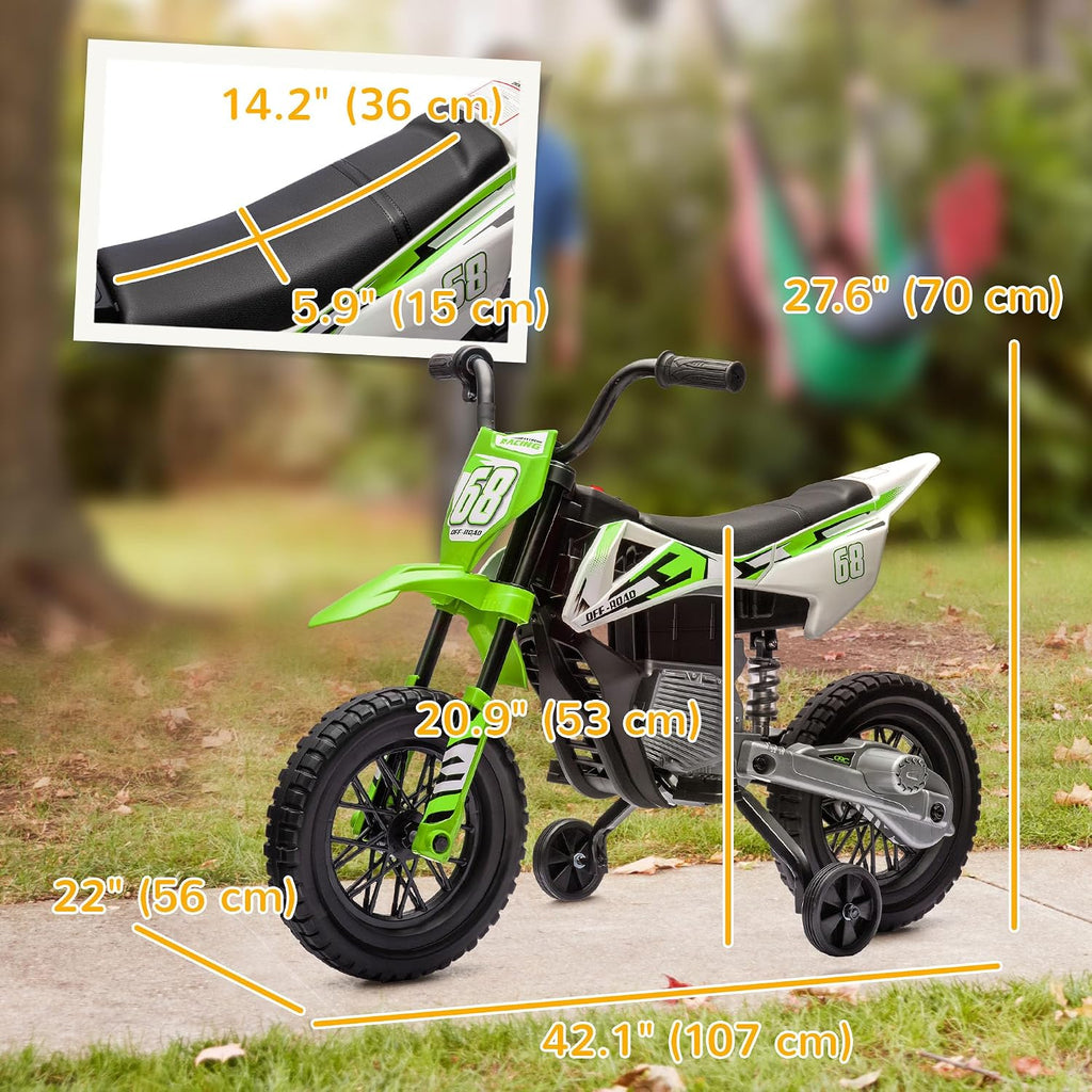 Qaba Kids Dirt Bike with Twist Grip Throttle, 12V Electric Motorcycle, Electric Bike for Toddler with Training Wheels, Spring Suspension & Music, Green