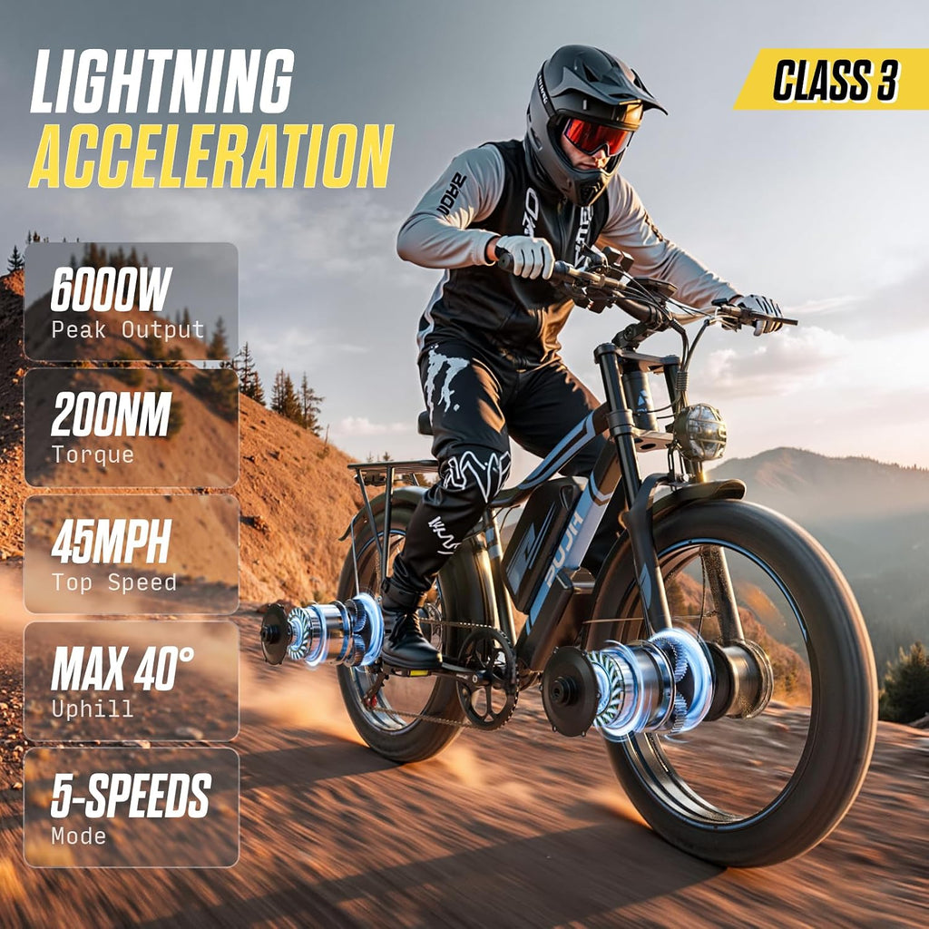 6000W Dual Motor Electric Bike, Ebikes for Adults Max 38-50MPH Up to 100 Miles Range, 60V 20Ah Removable Battery with 24/26' Fat Tire Electric Bicycles for Men Women, E-Bike for All Terrain PU2