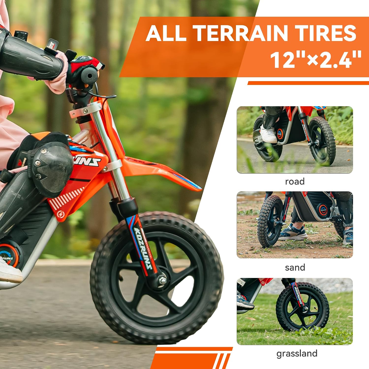 36V Racing Electric Dirt Bike for Kids, Peak 400W Powerful Motorcycle for Ages 3-6, Dual Shock Absorption, 3 Speed Modes with Safe Disc Brake, 12' Tires, Orange
