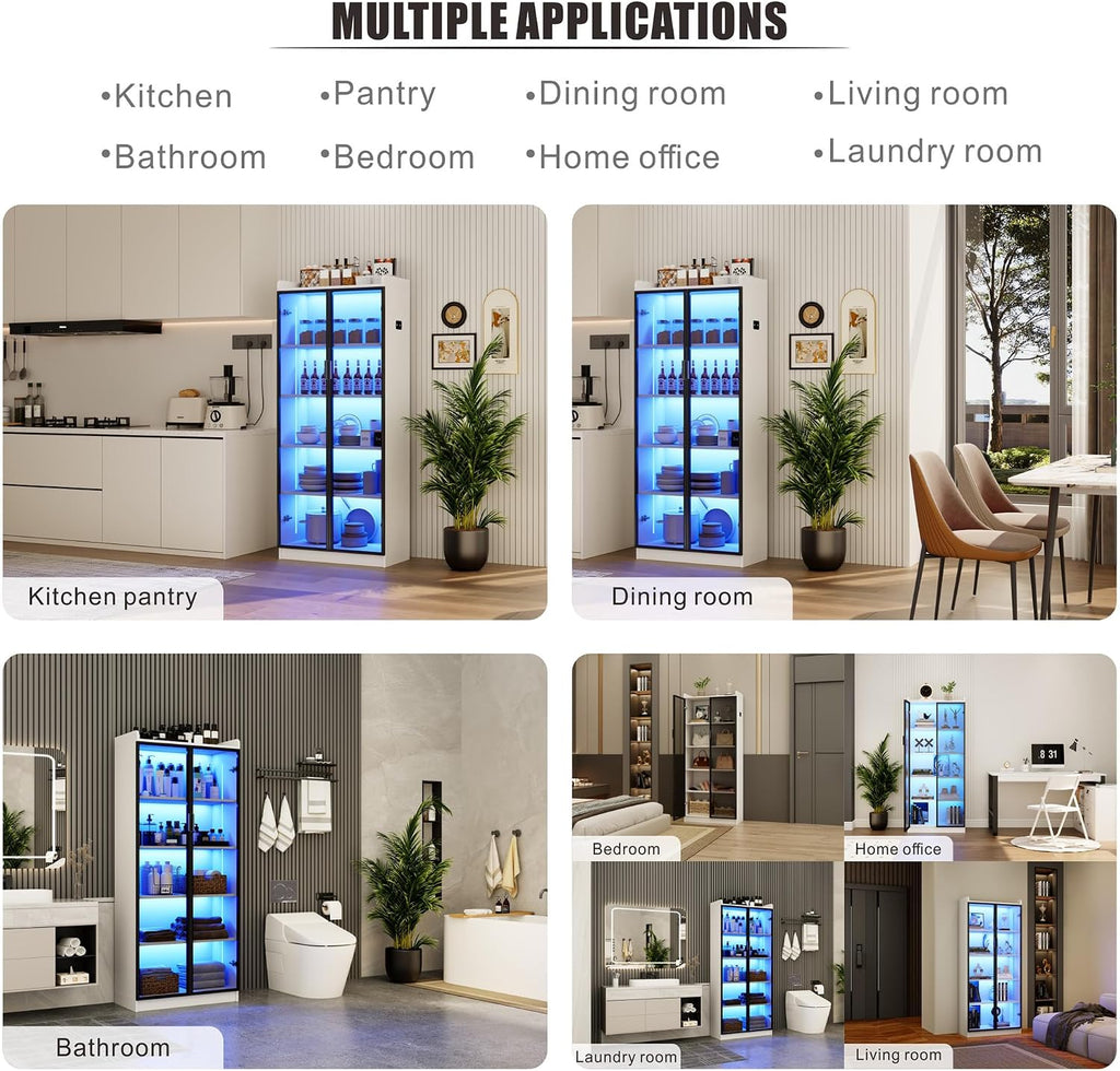 Dystler Display Cabinet with Doors and Adjustable Shelves, 65' Tall Bookcase with LED Lights/Human Sensor, 5 Tier Display Case for Collectibles Bedroom Living Room Office, White