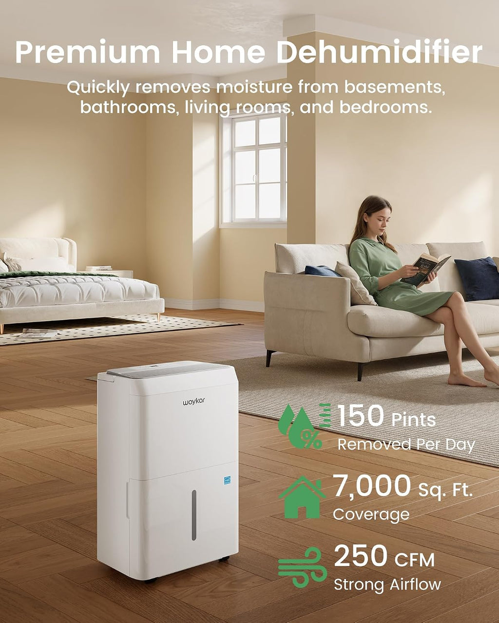 Waykar 150 Pint Energy Star Dehumidifier for Large Rooms up to 7,000 Sq. Ft. for Home, Basement, Commercial, Industrial, with Drain Hose & Tank, Auto Defrost, Ultra Quiet, Smart Auto Comfort Mode