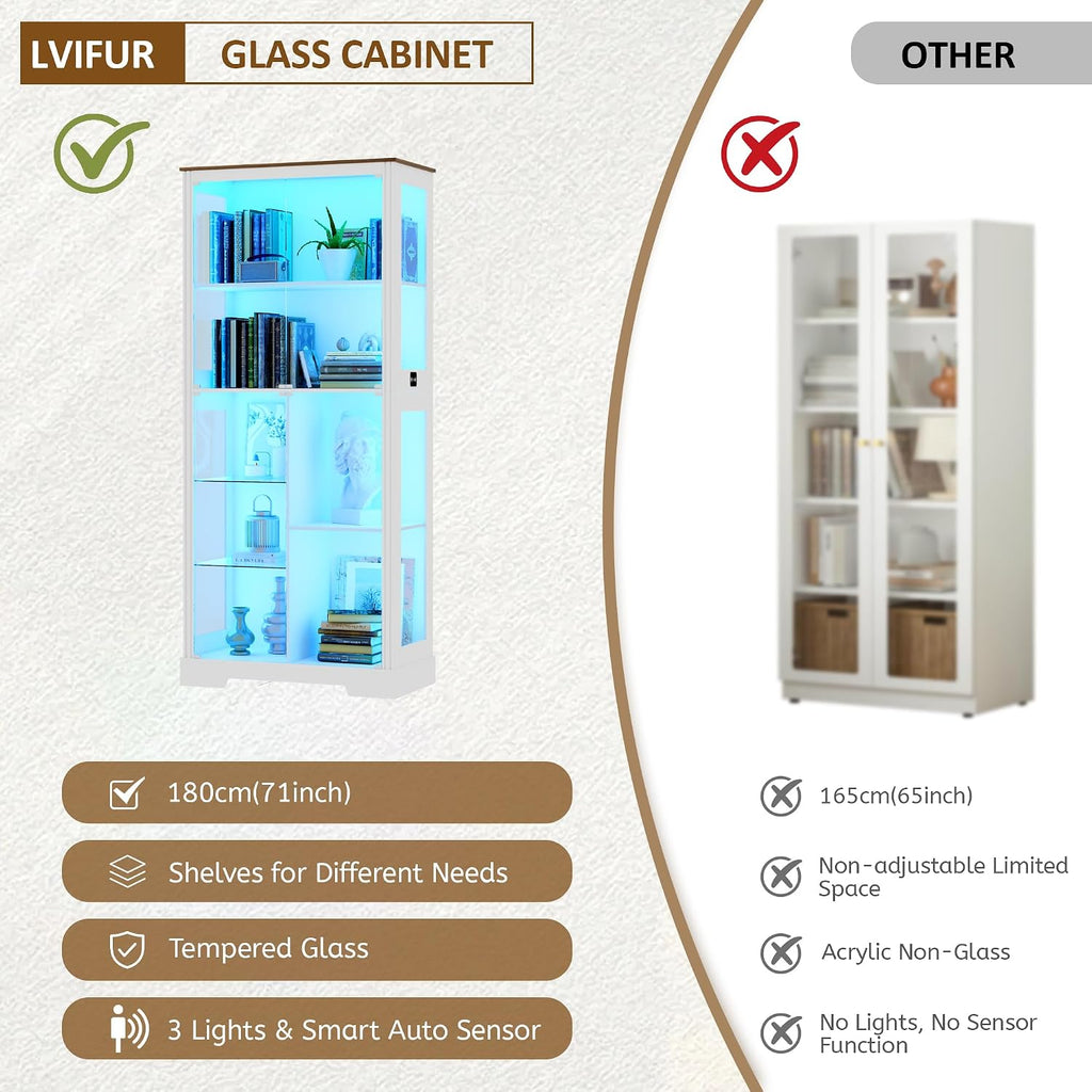 Lvifur 71' Display Cabinet with Glass Doors, Modern Curio Cabinet with 3 Color Lights, 7-Tiers Glass Display Cases for Collectibles, Tall Lego Storage Cabinet with Human Body Sensor (White)