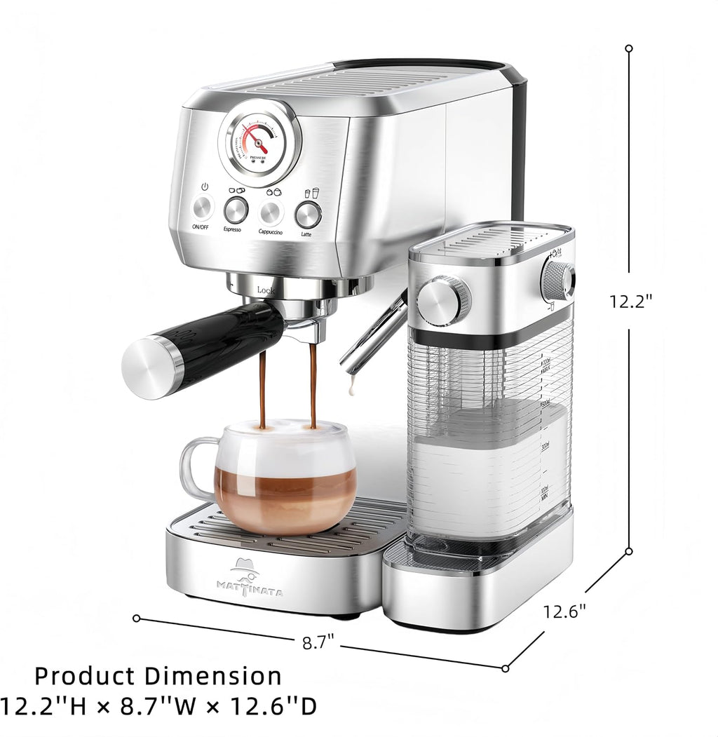 MAttinata Cappuccino Coffee Machine with Automatic Milk Frother, Compact Espresso Machine with Pressure Gauge, Stainless Steel Cappuccino Maker with for Home, Office