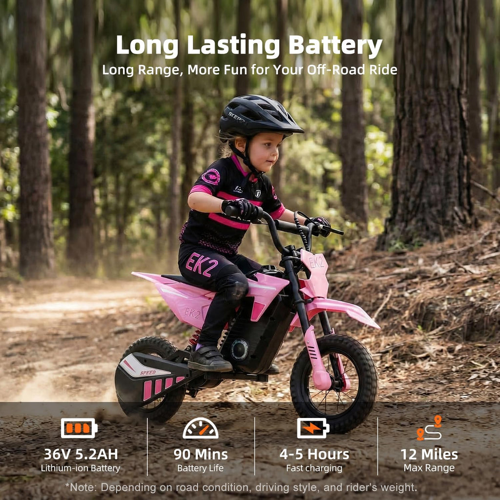 EK2 Kids Electric Dirt Bike, 350W Motor, 15 MPH Max Speed, 36V 5.2Ah Lithium Battery 12 Miles Max Range, Electric Motorcycle for Kids Aged 5-10, Pink