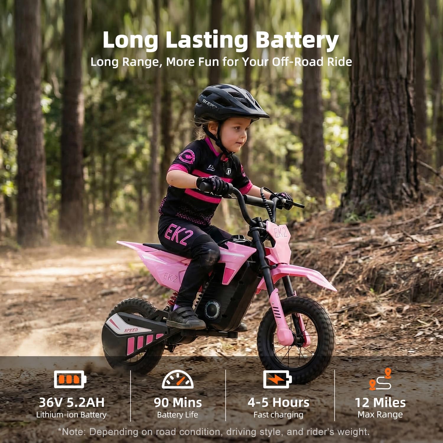 EK2 Kids Electric Dirt Bike, 350W Motor, 15 MPH Max Speed, 36V 5.2Ah Lithium Battery 12 Miles Max Range, Electric Motorcycle for Kids Aged 5-10, Pink